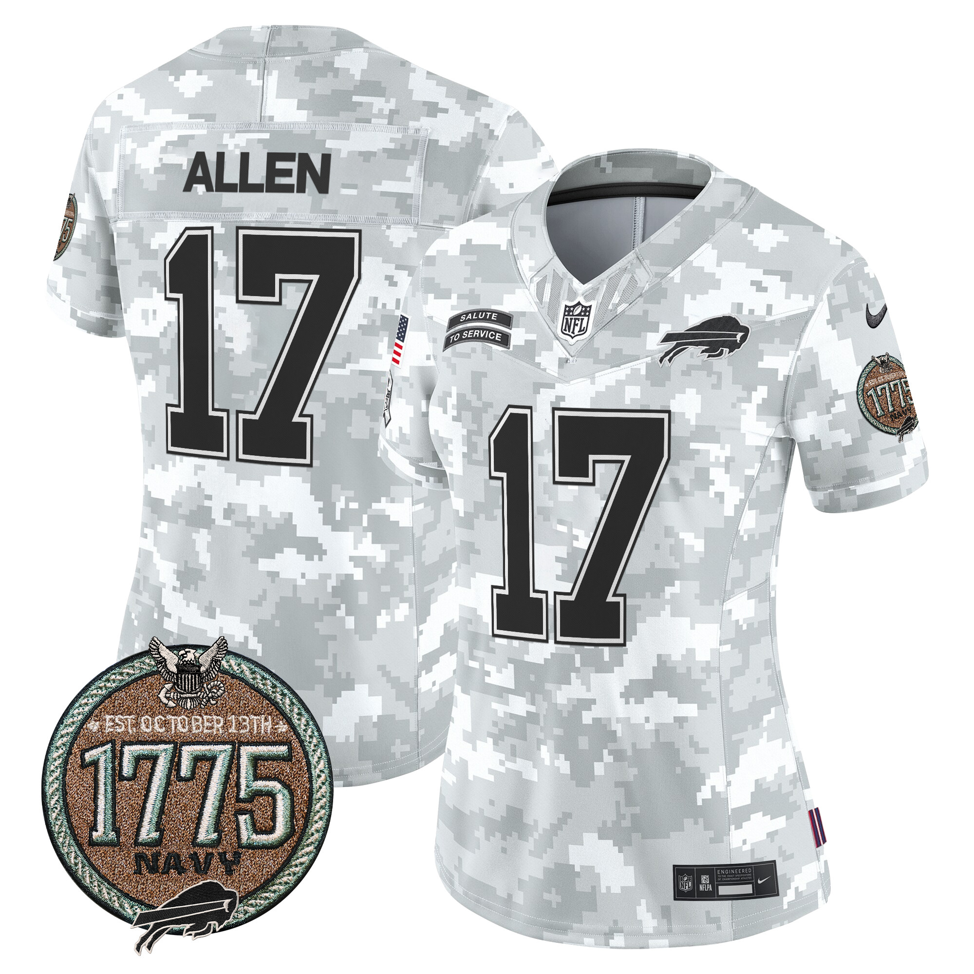 Women's Josh Allen Buffalo Bills 2024 Salute to Service Establishment Year Patch Vapor Limited Navy Jersey - All Stitched
