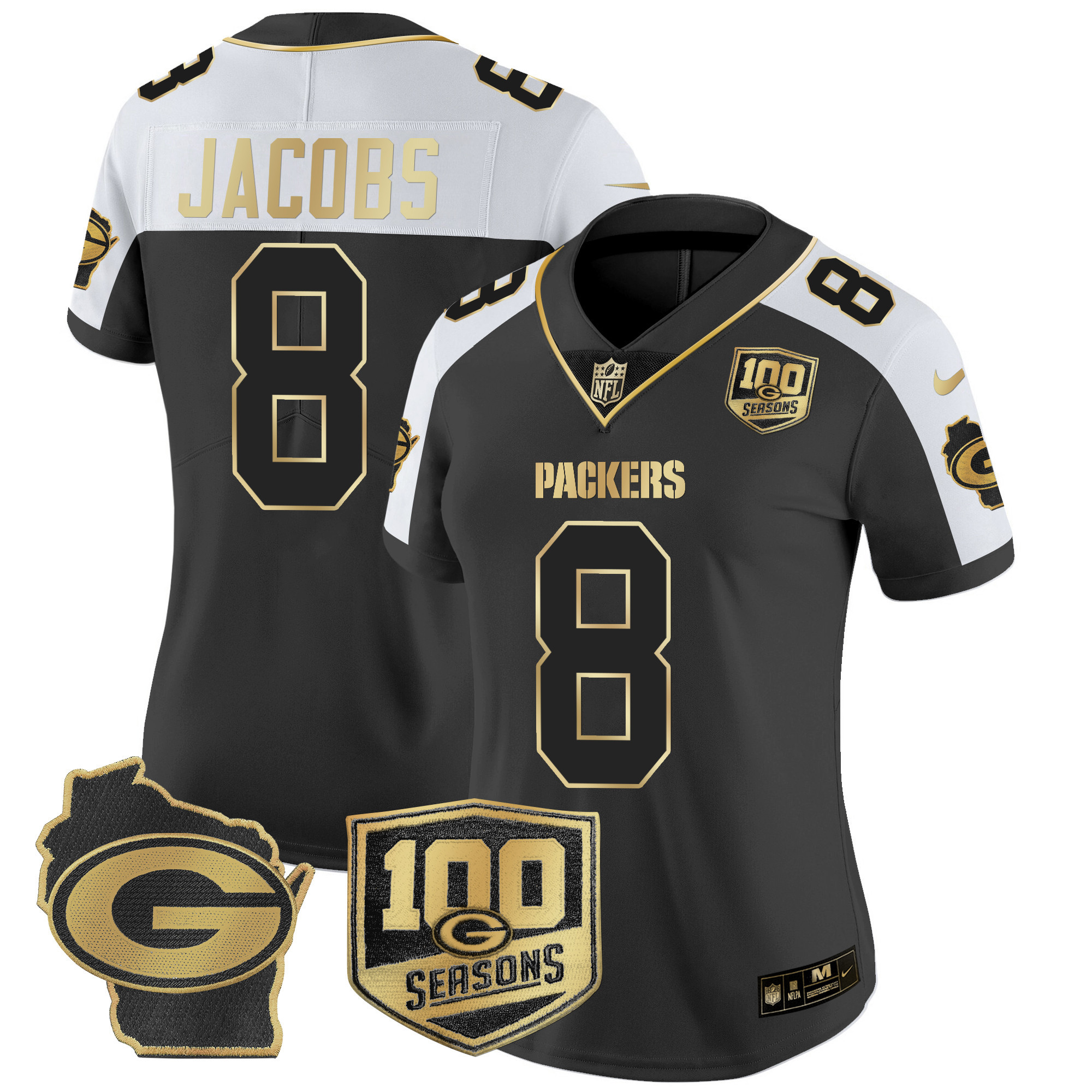 Women's Josh Jacobs Green Bay Packers 100th Season & Home Patch Gold Vapor Limited Alternate Jersey – All Stitched