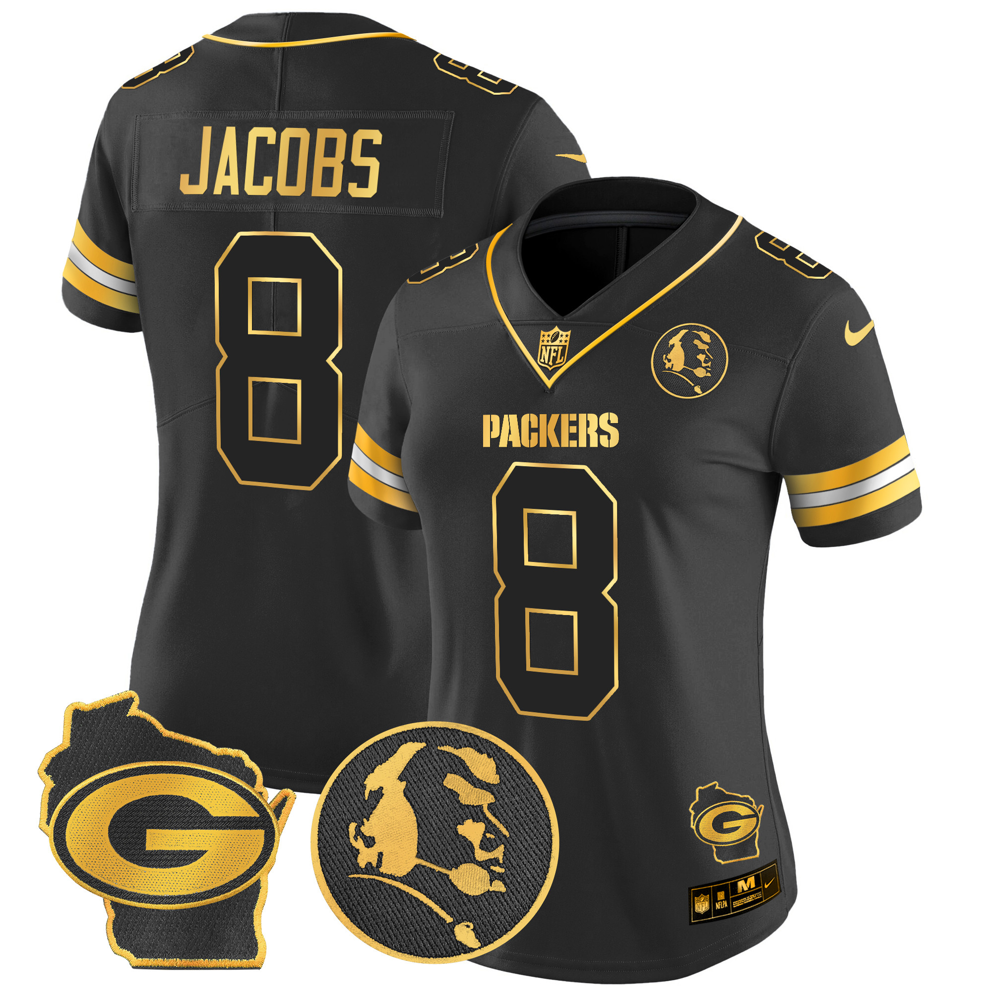 Women's Josh Jacobs Green Bay Packers John Madden & Home Patch Gold Vapor Limited Black Gold Jersey - All Stitched