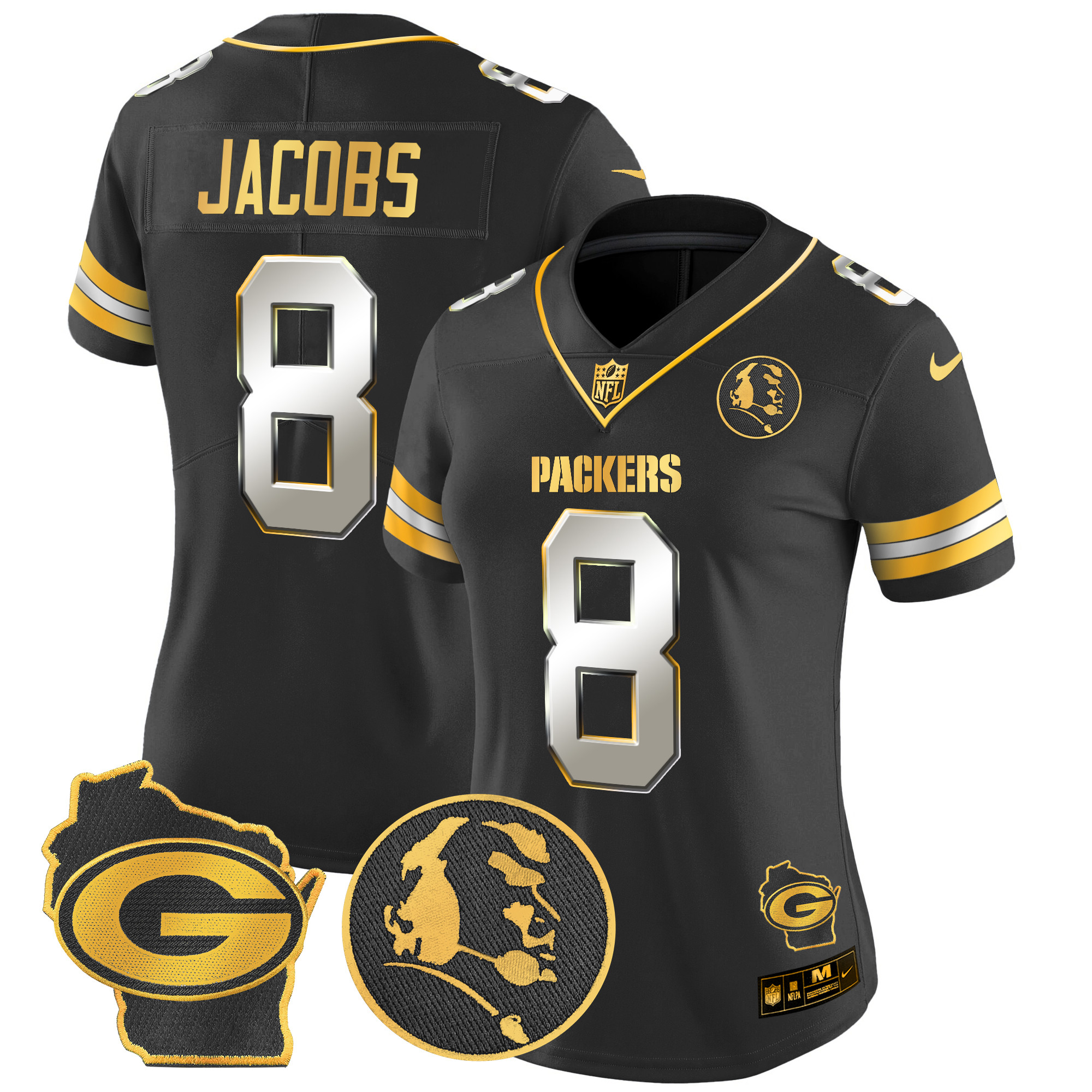 Women's Josh Jacobs Green Bay Packers John Madden & Home Patch Gold Vapor Limited Black Limited Jersey - All Stitched
