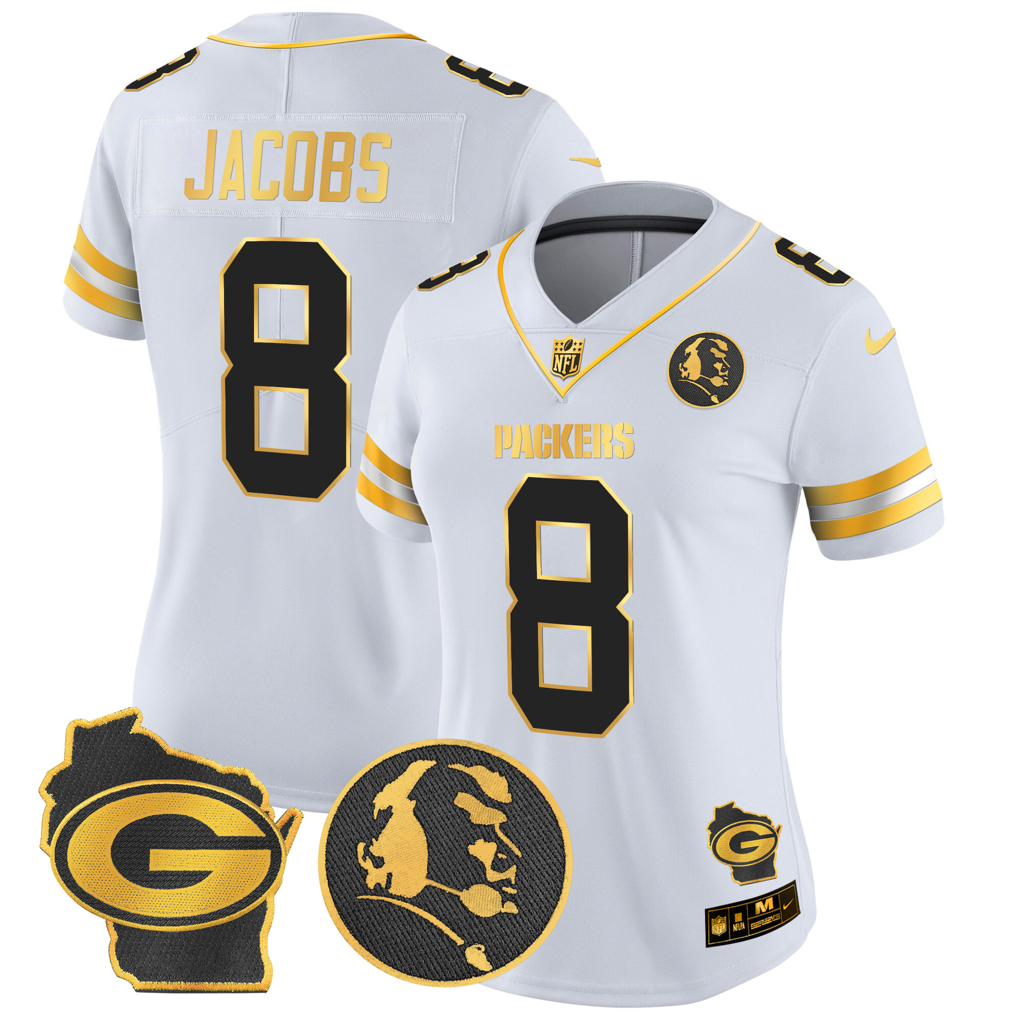 Women's Josh Jacobs Green Bay Packers John Madden & Home Patch Gold Vapor Limited White Gold Jersey - All Stitched