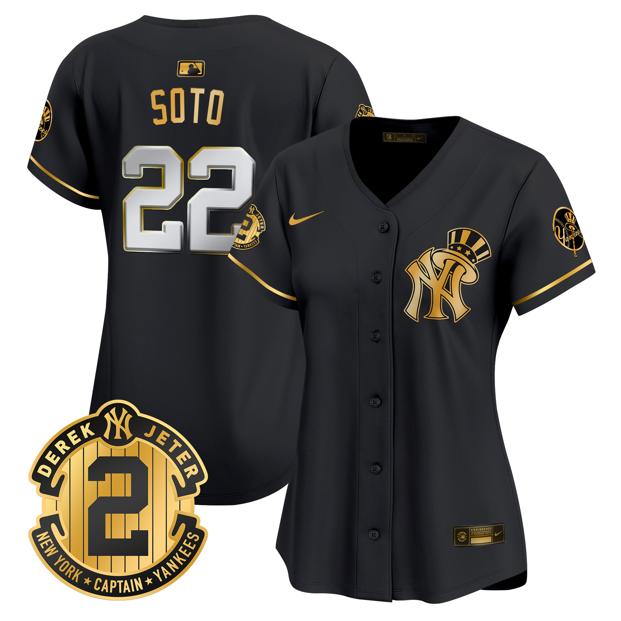 Women's Juan Soto New York Yankees Derek Jeter Patch Vapor Premier Limited Black Gold Jersey V2 - All Stitched