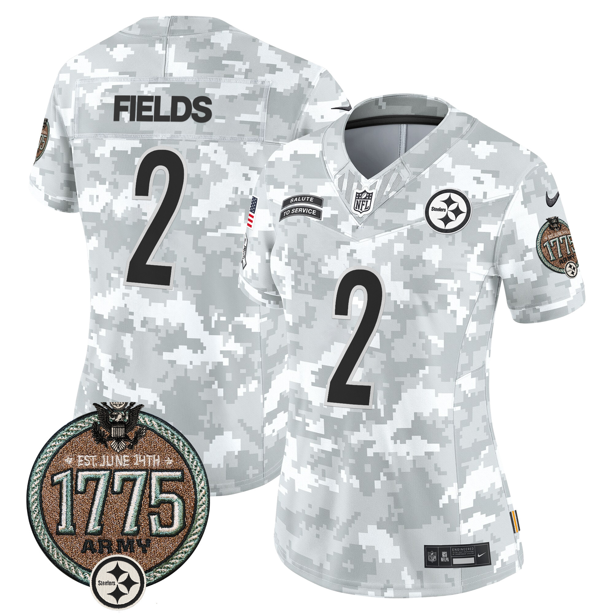 Women's Justin Fields Pittsburgh Steelers 2024 Salute to Service Establishment Year Patch Vapor Limited Army Jersey - All Stitched