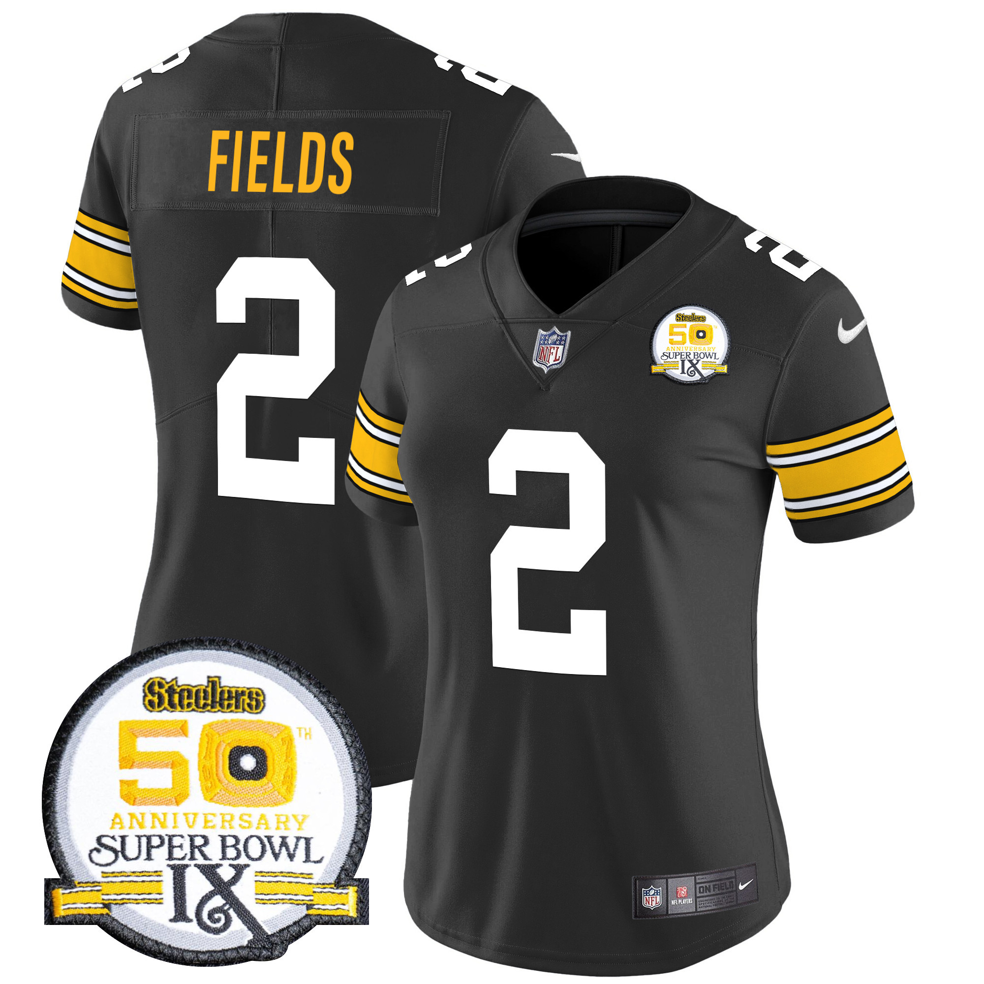 Women's Justin Fields Pittsburgh Steelers 50th Anniversary Of Super Bowl IX Patch Vapor Limited 1975 Throwback Jersey - All Stitched