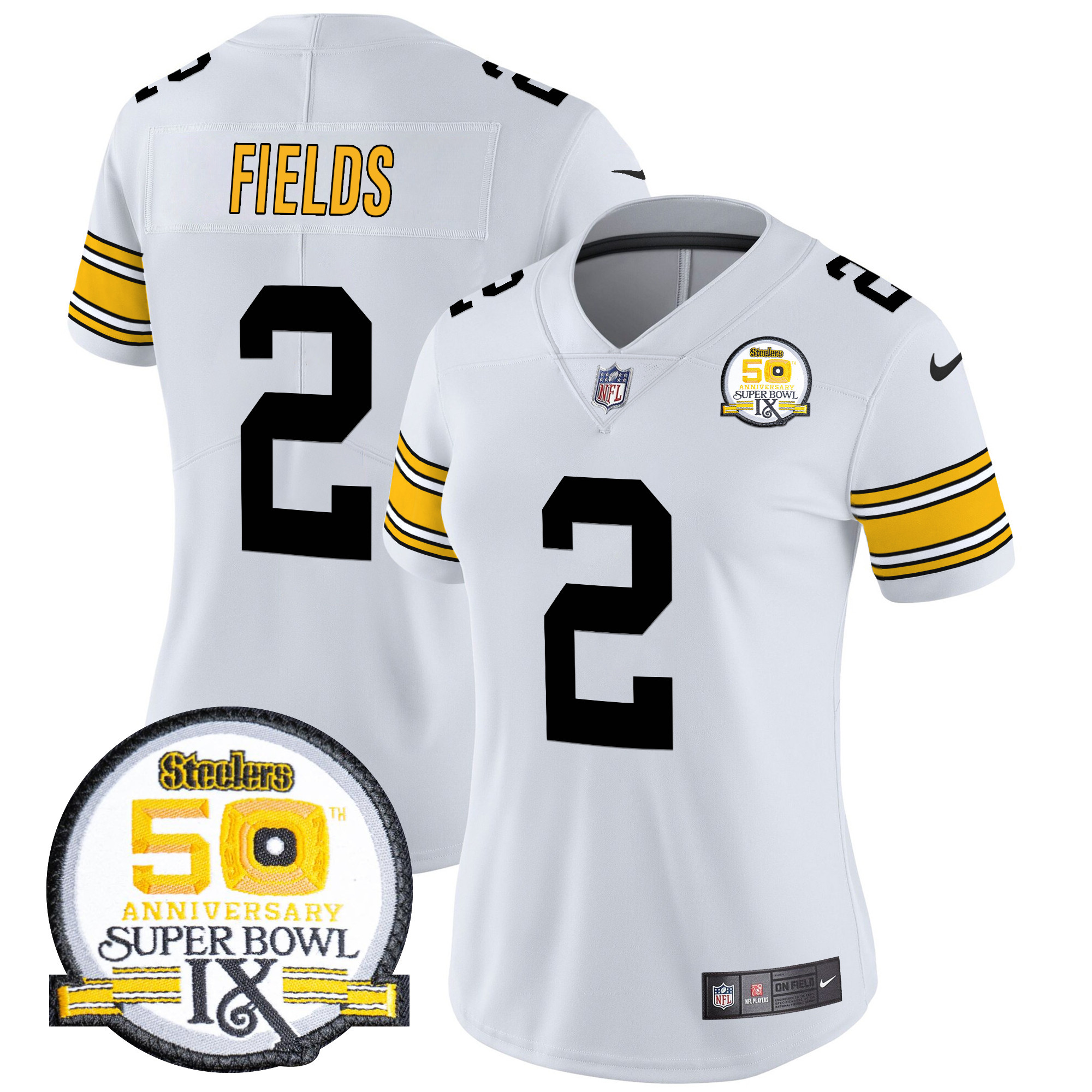 Women's Justin Fields Pittsburgh Steelers 50th Anniversary Of Super Bowl IX Patch Vapor Limited 1975 White Jersey - All Stitched
