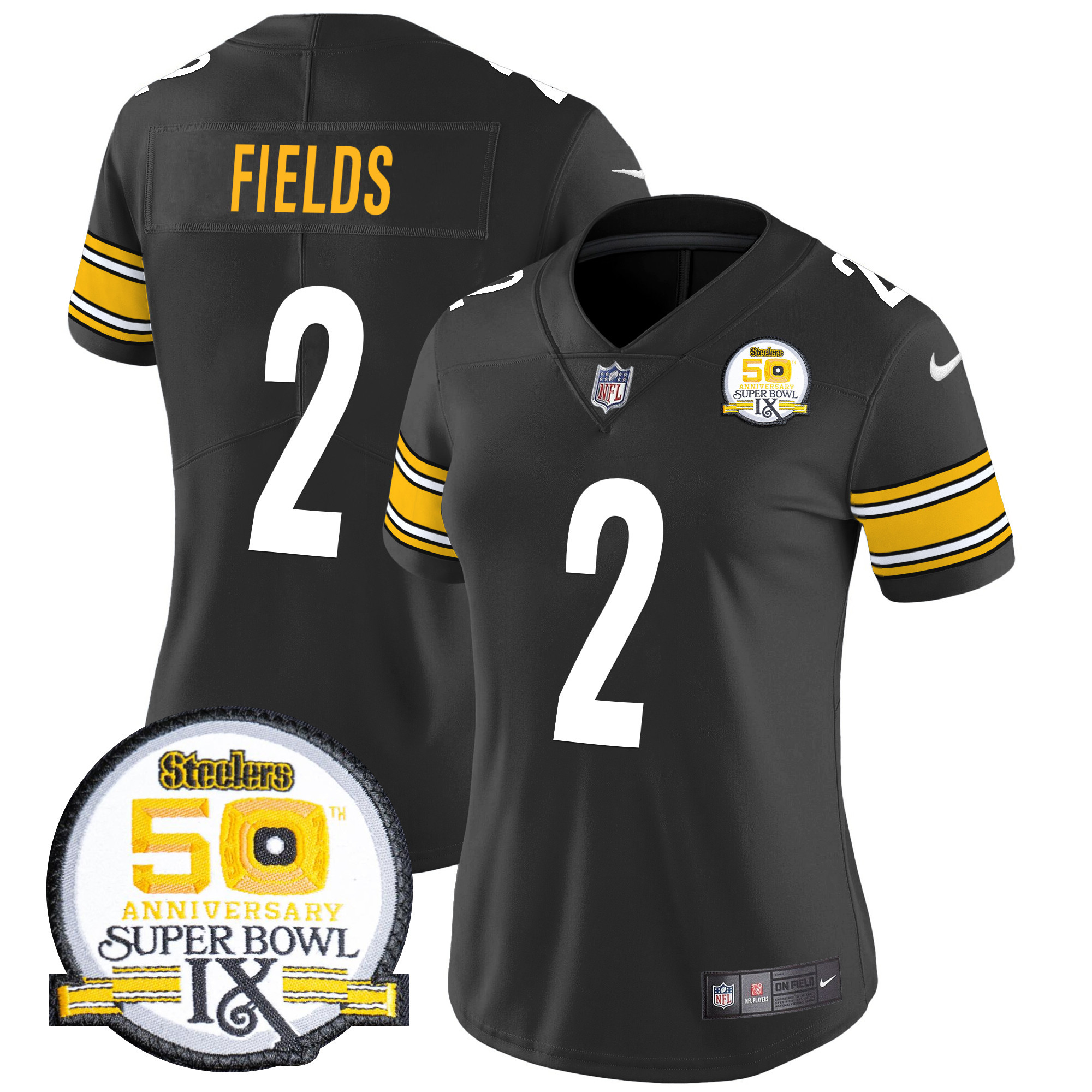 Women's Justin Fields Pittsburgh Steelers 50th Anniversary Of Super Bowl IX Patch Vapor Limited Black Jersey - All Stitched