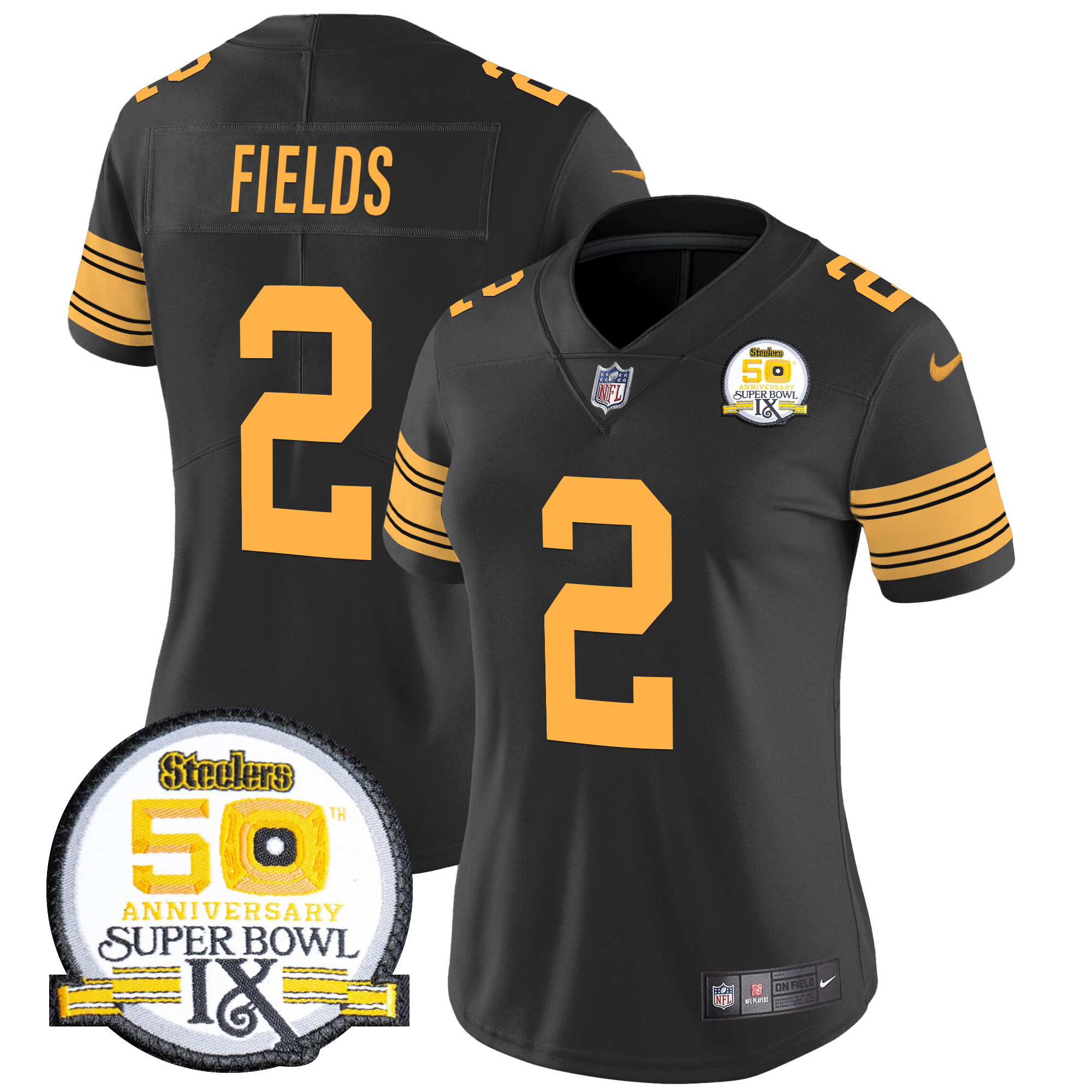 Women's Justin Fields Pittsburgh Steelers 50th Anniversary Of Super Bowl IX Patch Vapor Limited Color Rush Jersey - All Stitched