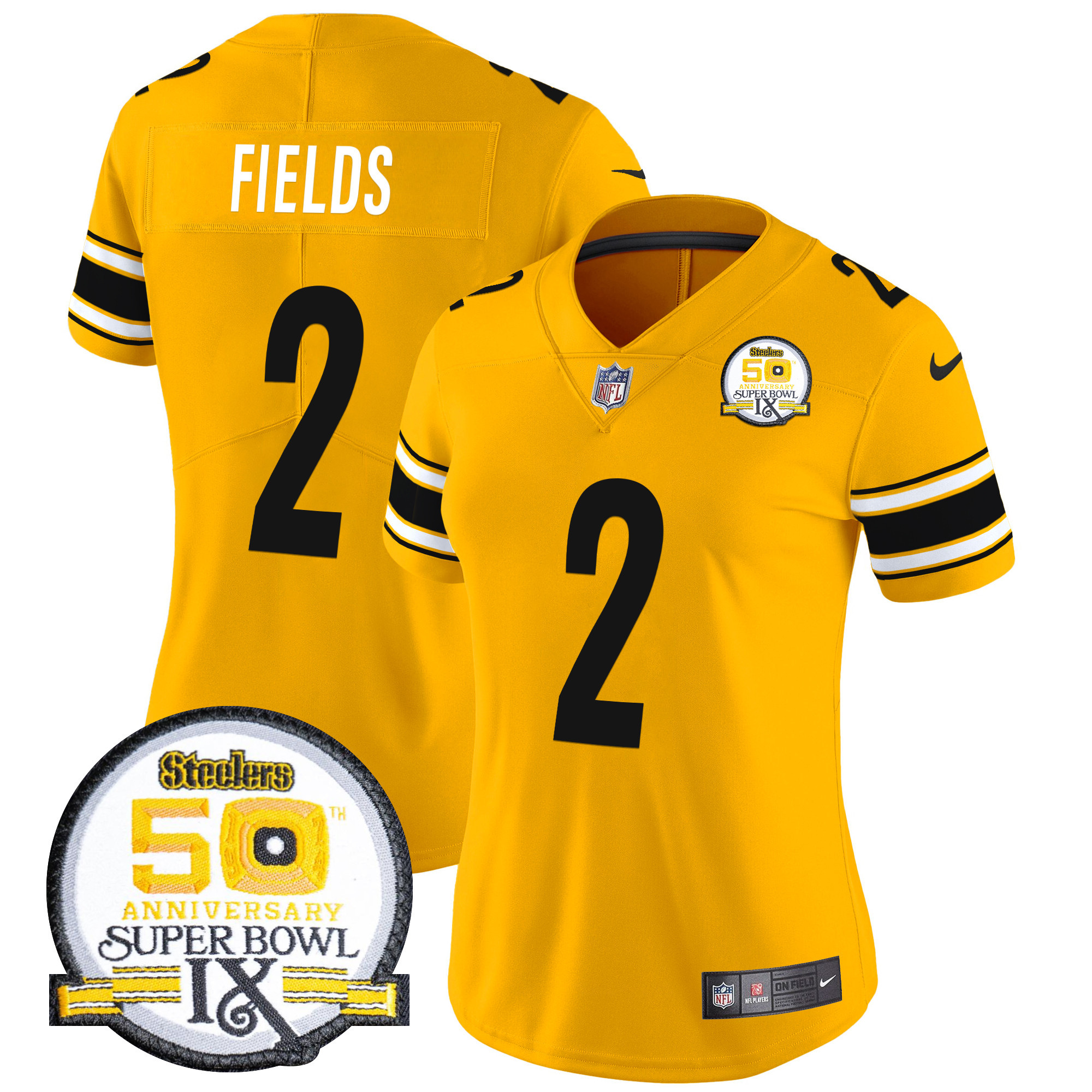 Women's Justin Fields Pittsburgh Steelers 50th Anniversary Of Super Bowl IX Patch Vapor Limited Gold Jersey - All Stitched