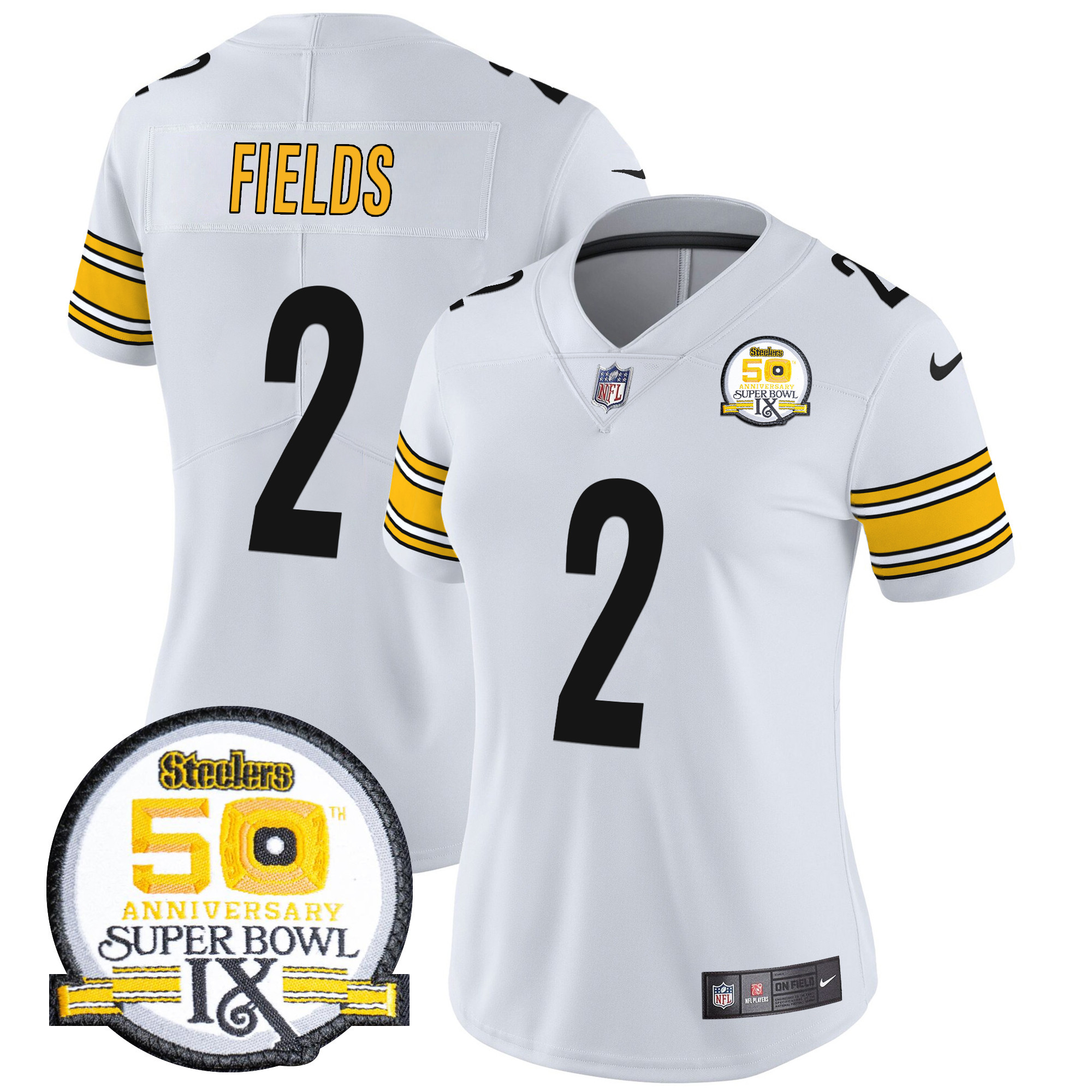 Women's Justin Fields Pittsburgh Steelers 50th Anniversary Of Super Bowl IX Patch Vapor Limited White Jersey - All Stitched