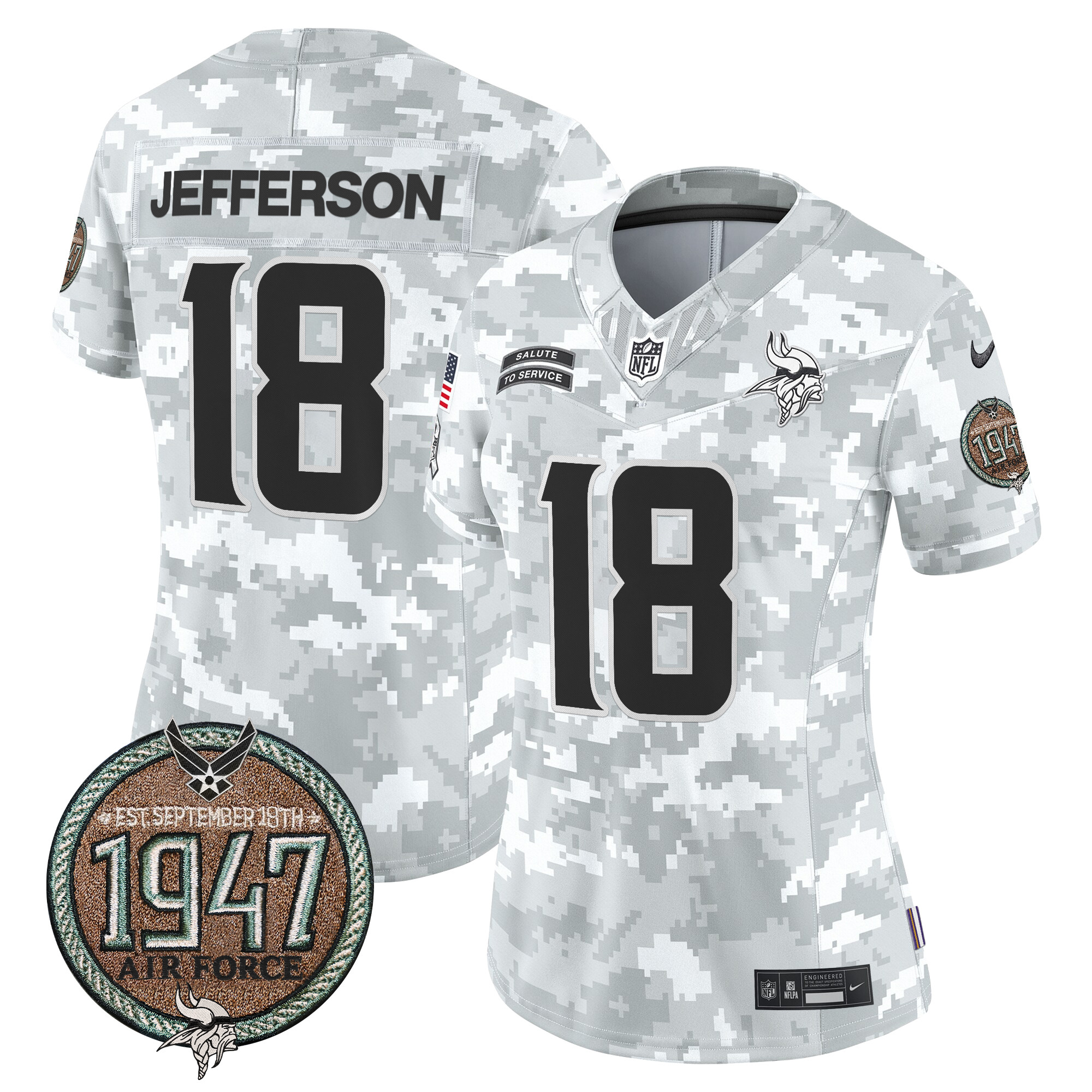 Women's Justin Jefferson Minnesota Vikings 2024 Salute to Service Establishment Year Patch Vapor Limited Air Force Jersey - All Stitched
