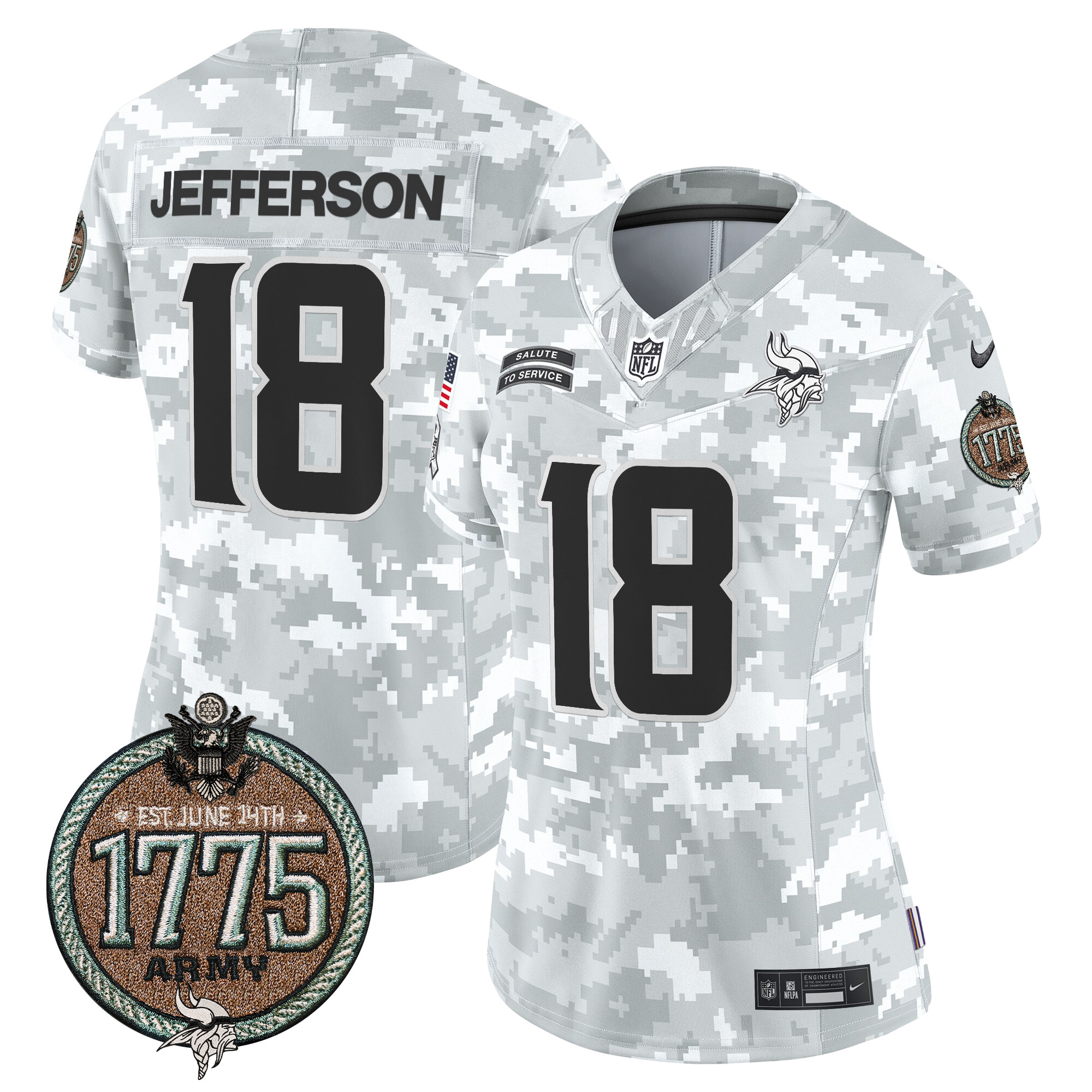 Women's Justin Jefferson Minnesota Vikings 2024 Salute to Service Establishment Year Patch Vapor Limited Army Jersey - All Stitched