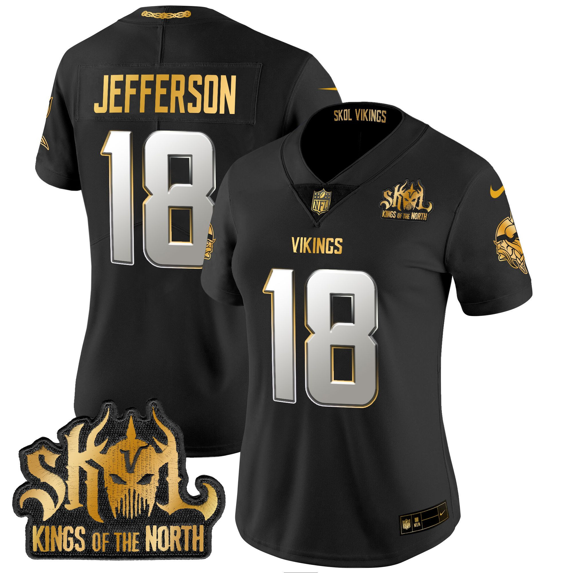 Women's Justin Jefferson Minnesota Vikings 2024 Winter Warrior Skol Patch Gold Vapor Limited Black Limited Jersey - All Stitched