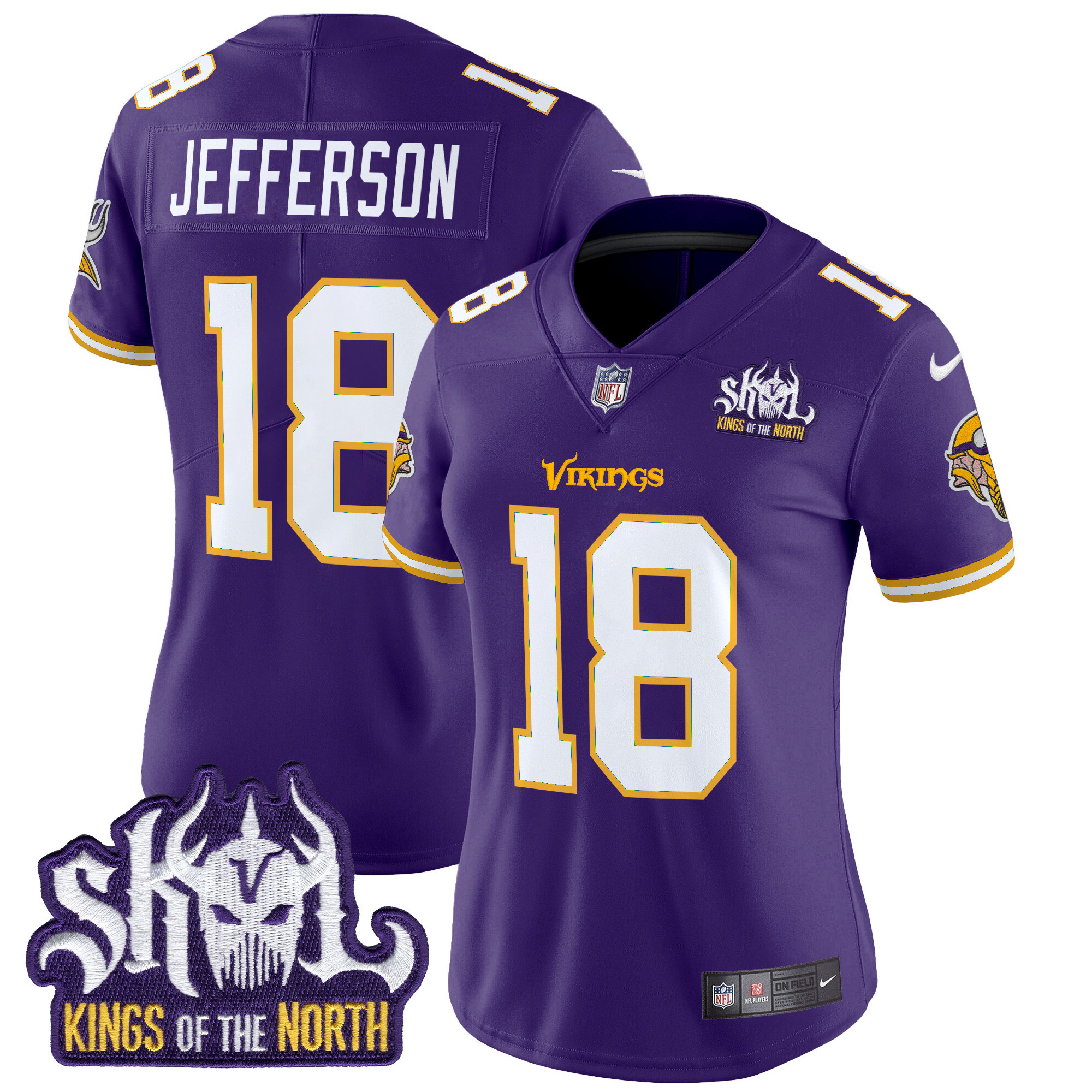 Women's Justin Jefferson Minnesota Vikings King Of The North Patch Throwback Vapor Limited Purple Jersey - All Stitched