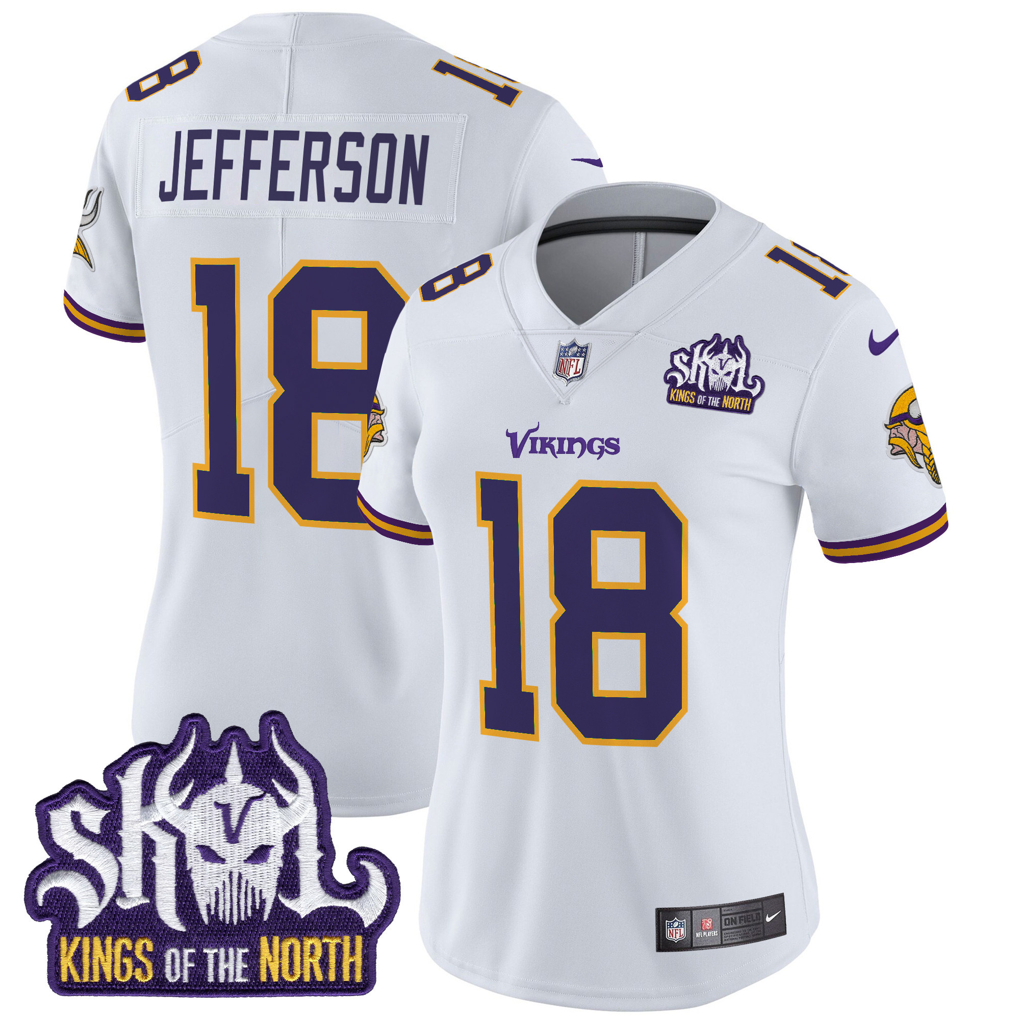Women's Justin Jefferson Minnesota Vikings King Of The North Patch Throwback Vapor Limited White Jersey - All Stitched