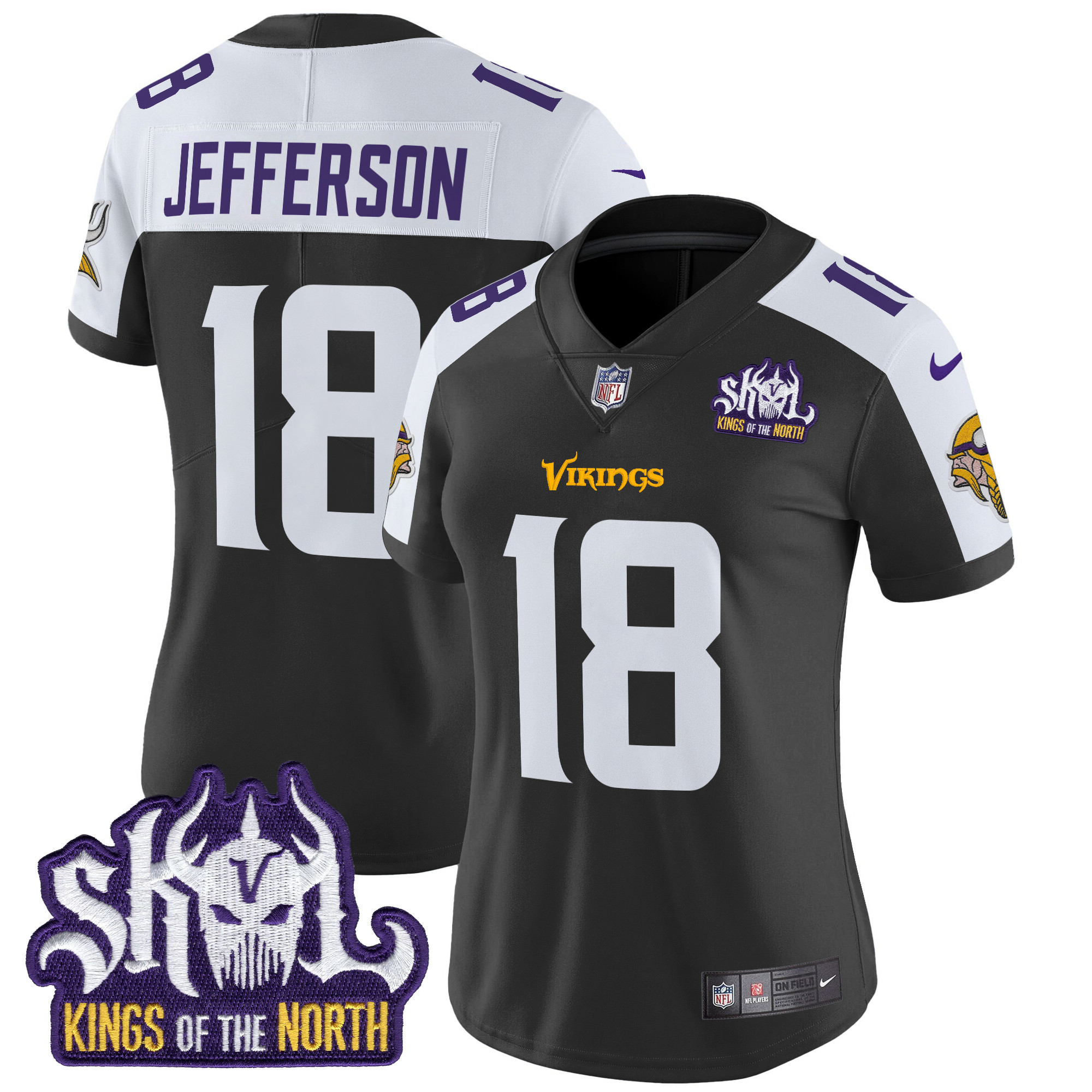 Women's Justin Jefferson Minnesota Vikings Kings Of The North Patch Vapor Limited Black Alternate Jersey - All Stitched
