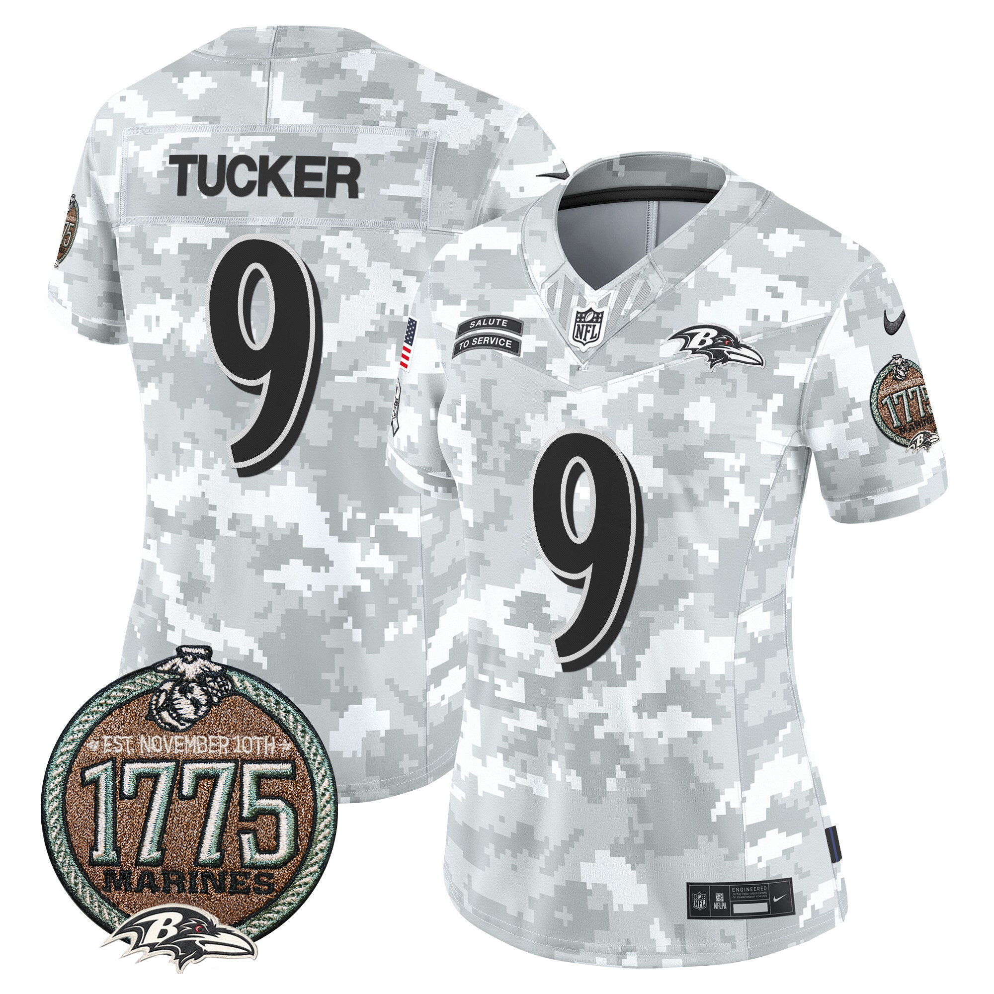 Women's Justin Tucker Baltimore Ravens 2024 Salute to Service Establishment Year Patch Vapor Limited Marines Jersey - All Stitched