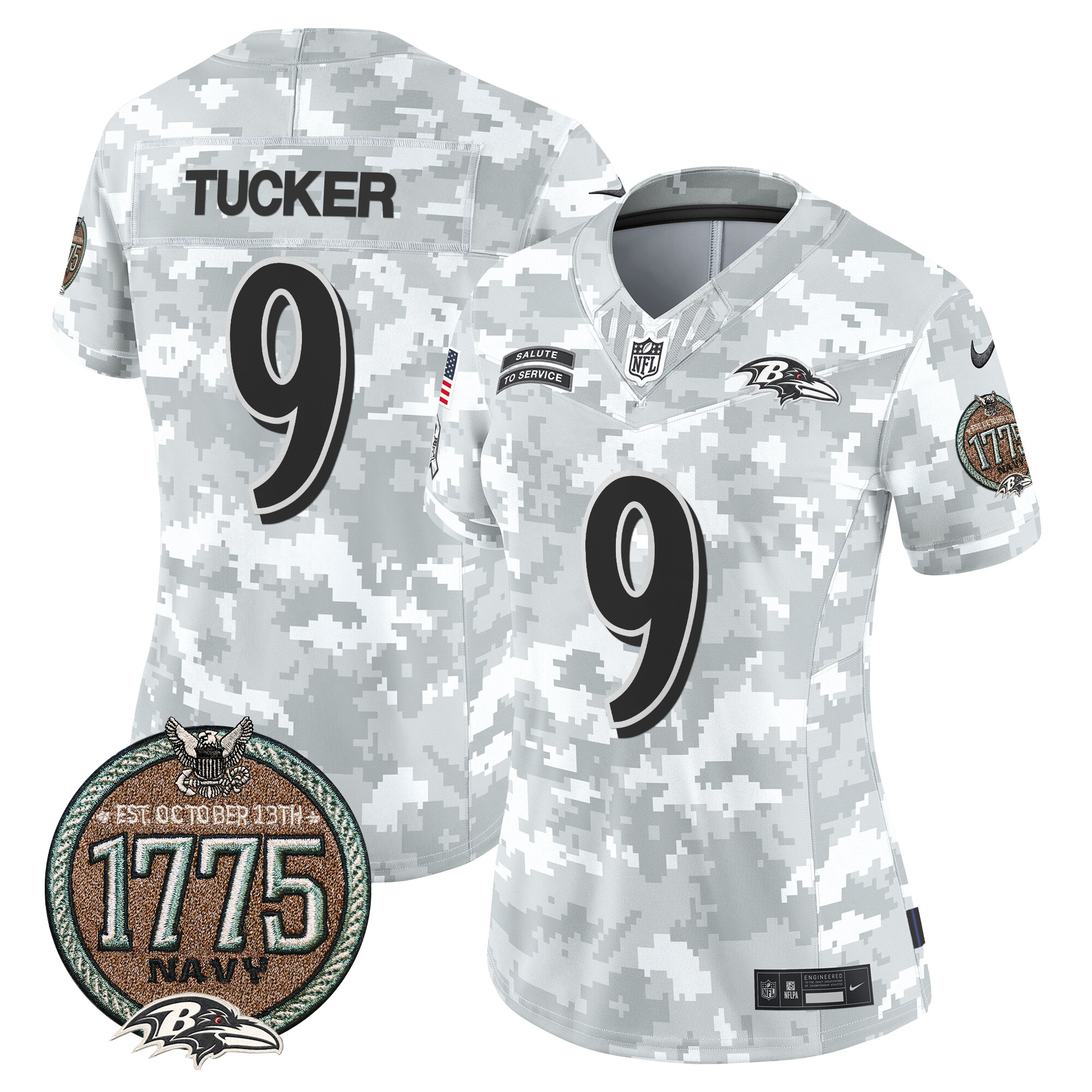 Women's Justin Tucker Baltimore Ravens 2024 Salute to Service Establishment Year Patch Vapor Limited Navy Jersey - All Stitched