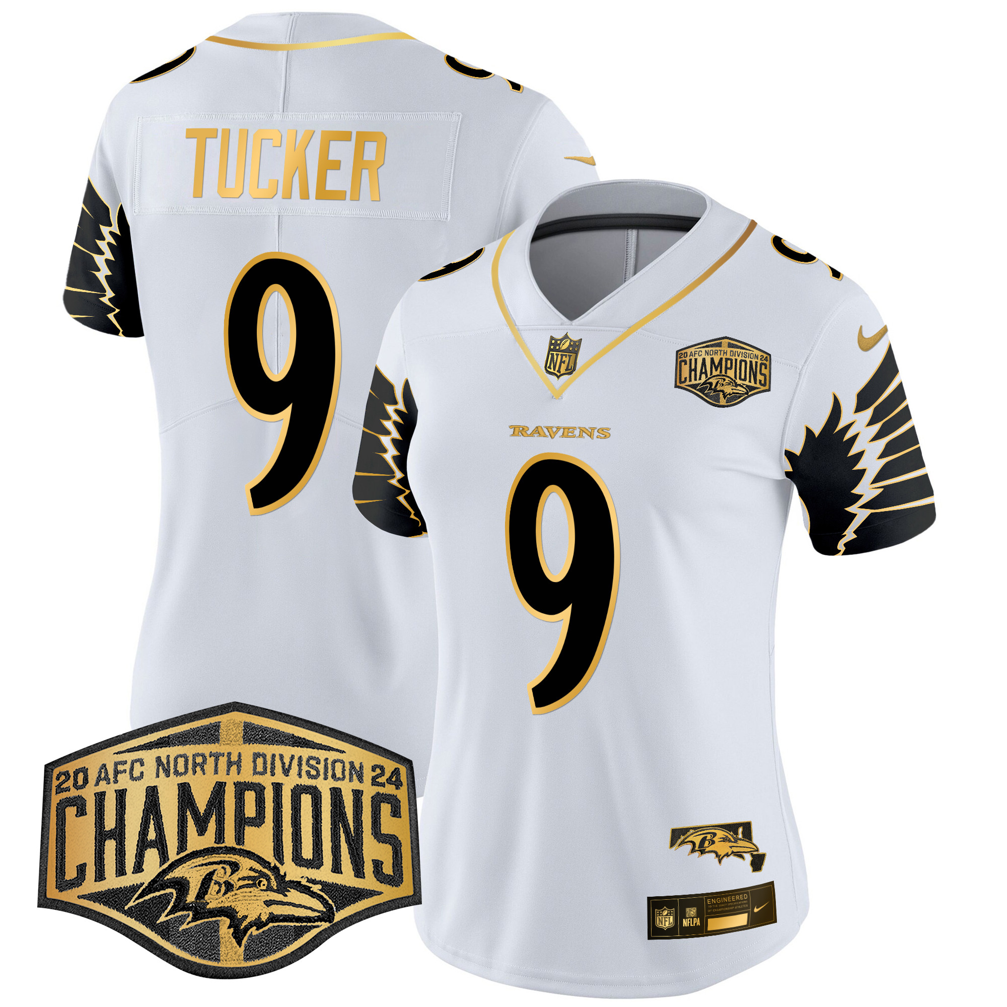 Women's Justin Tucker Baltimore Ravens Maryland 2024 AFC North Division Champions Patch Gold Vapor Limited White Gold Jersey - All Stitched