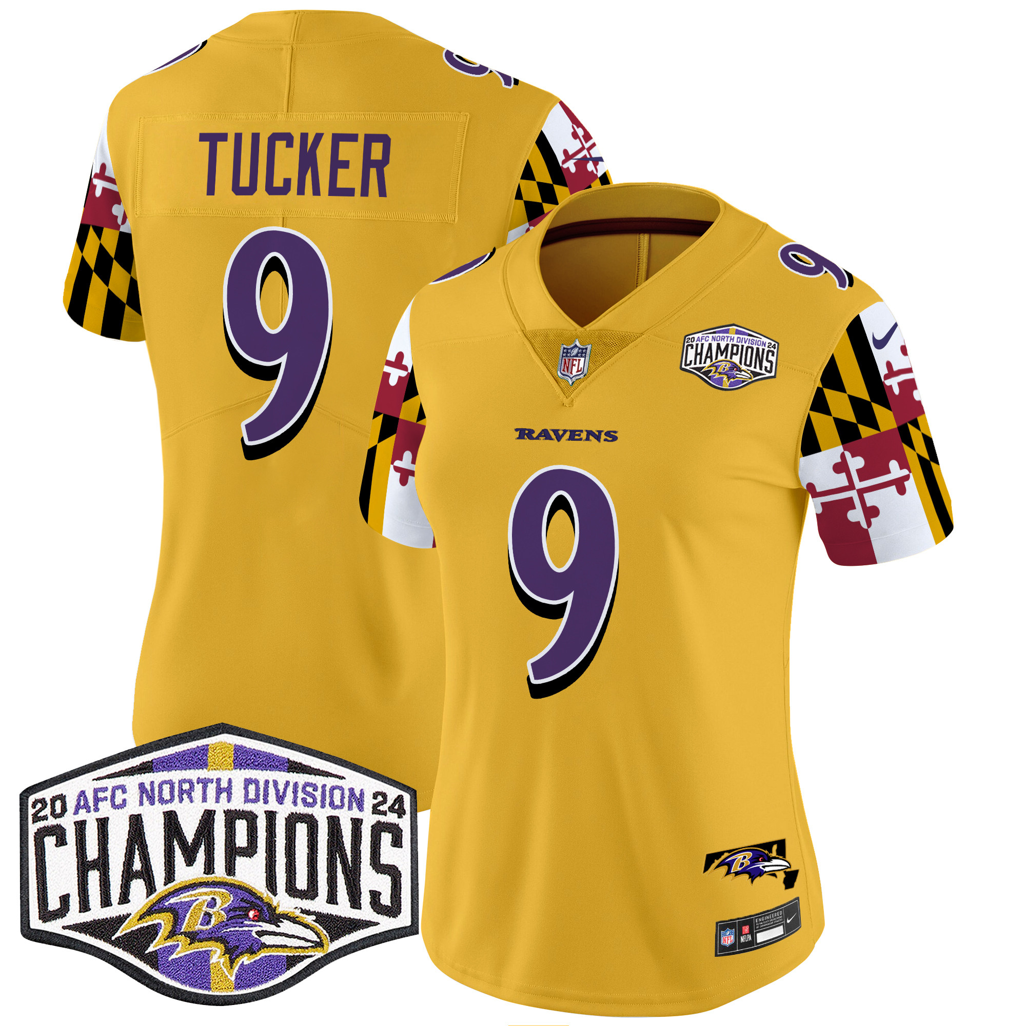 Women's Justin Tucker Baltimore Ravens Maryland Flag 2024 AFC North Division Champions Patch Vapor Limited Gold Jersey - All Stitched