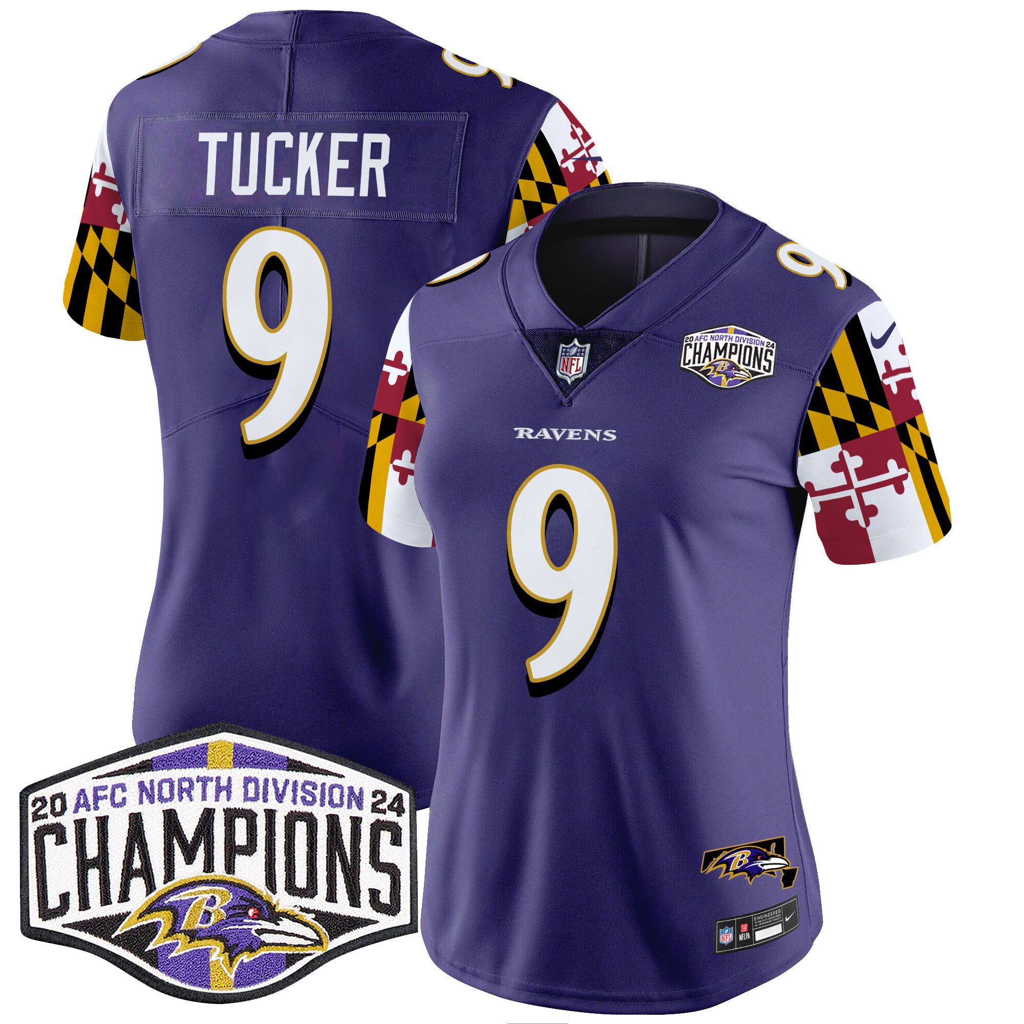 Women's Justin Tucker Baltimore Ravens Maryland Flag 2024 AFC North Division Champions Patch Vapor Limited Purple Jersey - All Stitched
