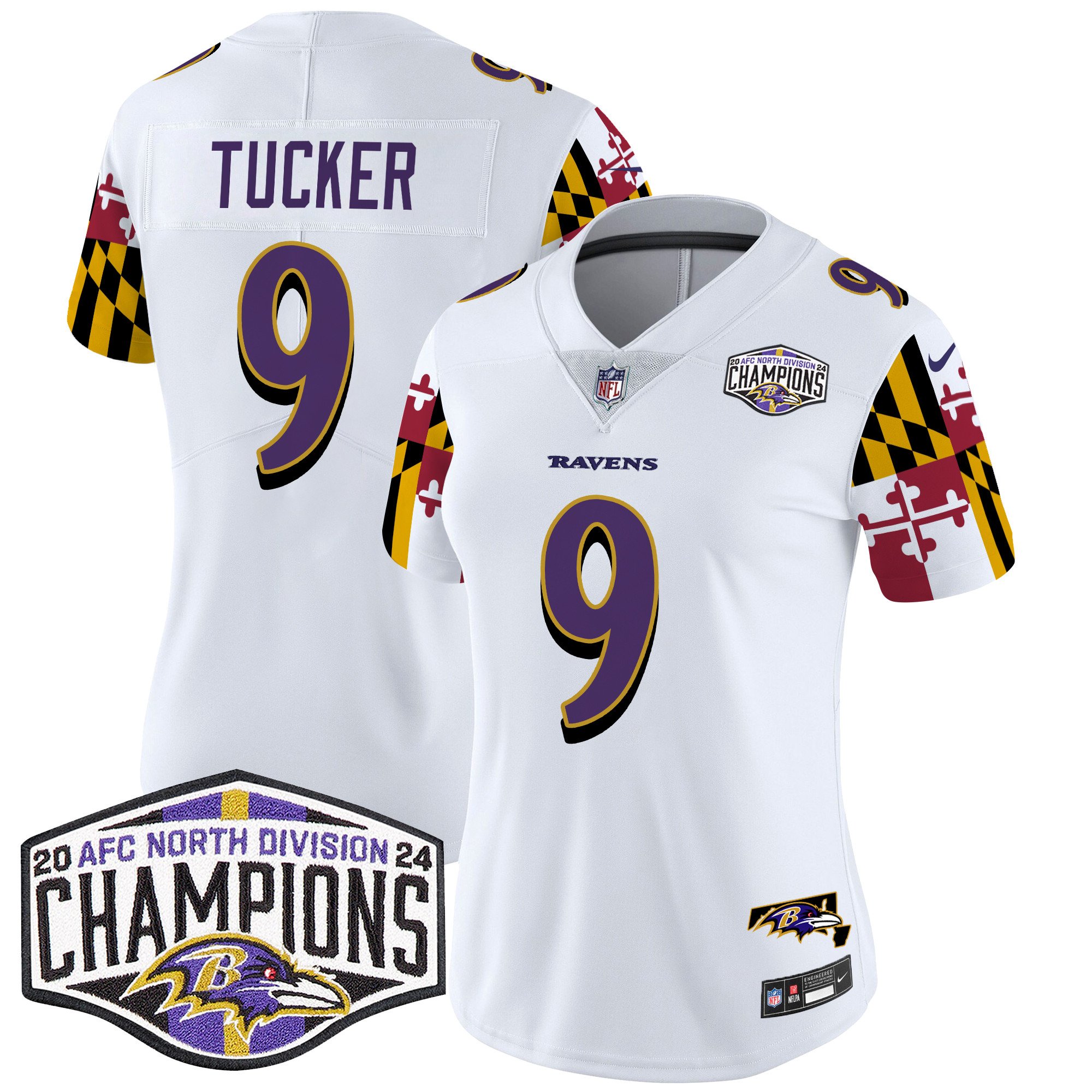 Women's Justin Tucker Baltimore Ravens Maryland Flag 2024 AFC North Division Champions Patch Vapor Limited White Jersey - All Stitched
