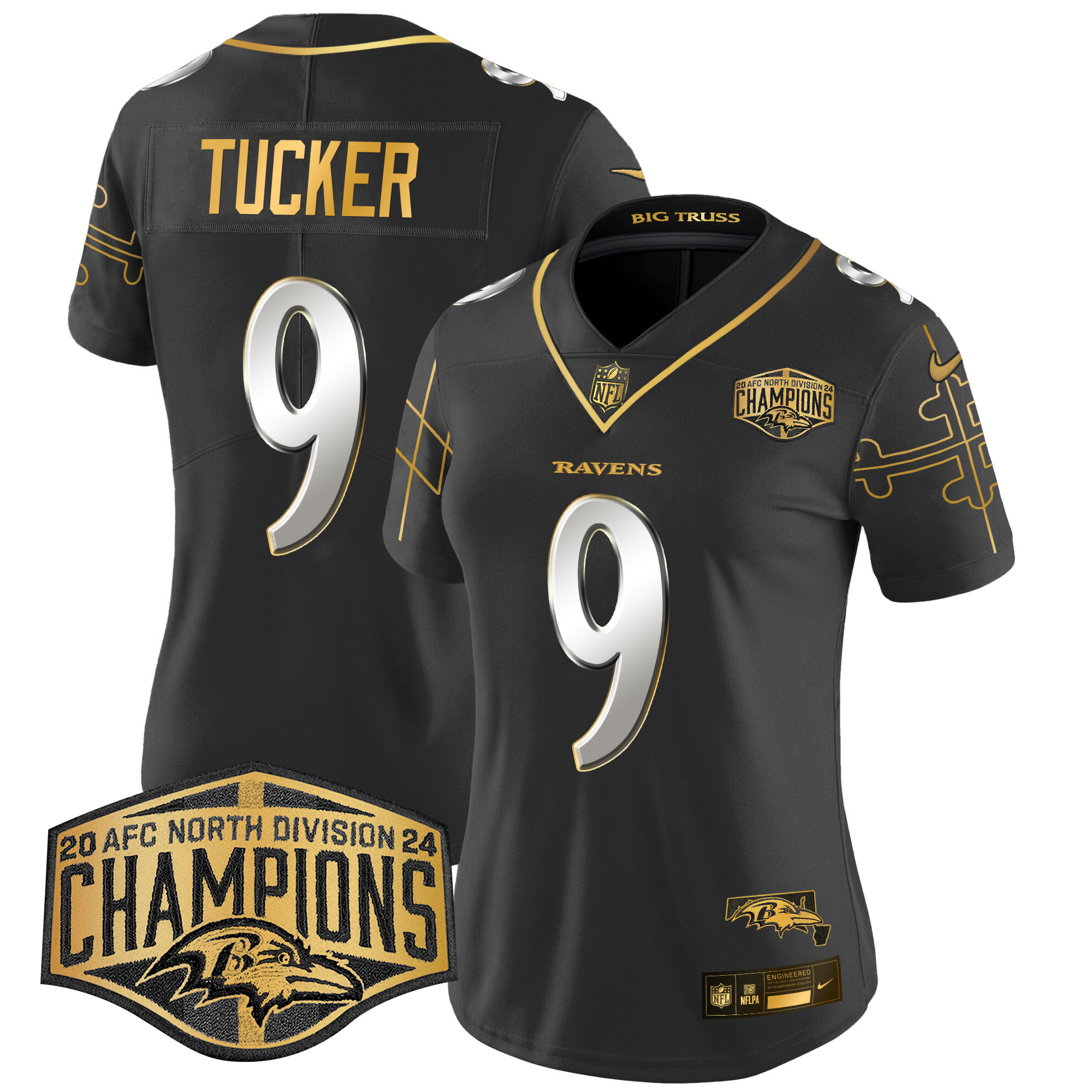 Women's Justin Tucker Baltimore Ravens Maryland Flag Map 2024 AFC North Division Champions Patch Gold Vapor Limited Black Limited Jersey - All Stitched