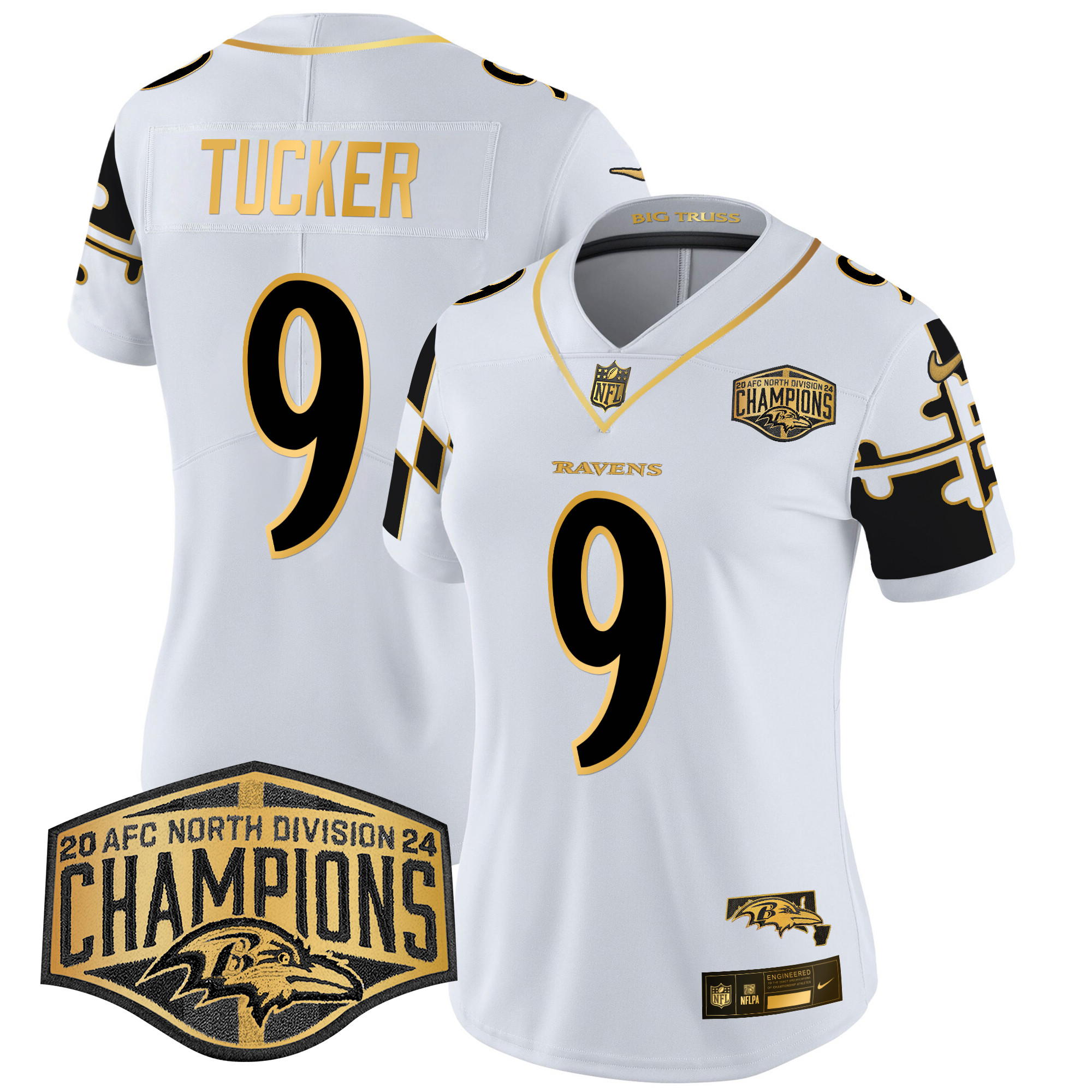 Women's Justin Tucker Baltimore Ravens Maryland Flag Map 2024 AFC North Division Champions Patch Gold Vapor Limited White Gold Jersey - All Stitched