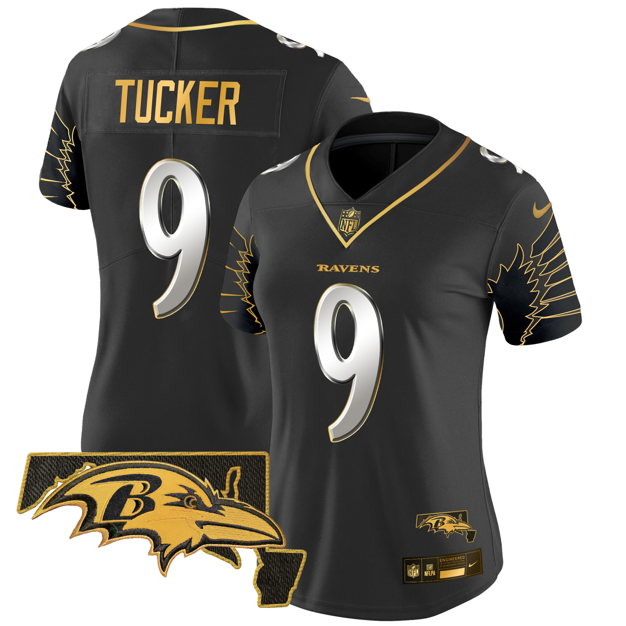 Women's Justin Tucker Baltimore Ravens Maryland Patch Gold Vapor Limited Black Limited Jersey - All Stitched