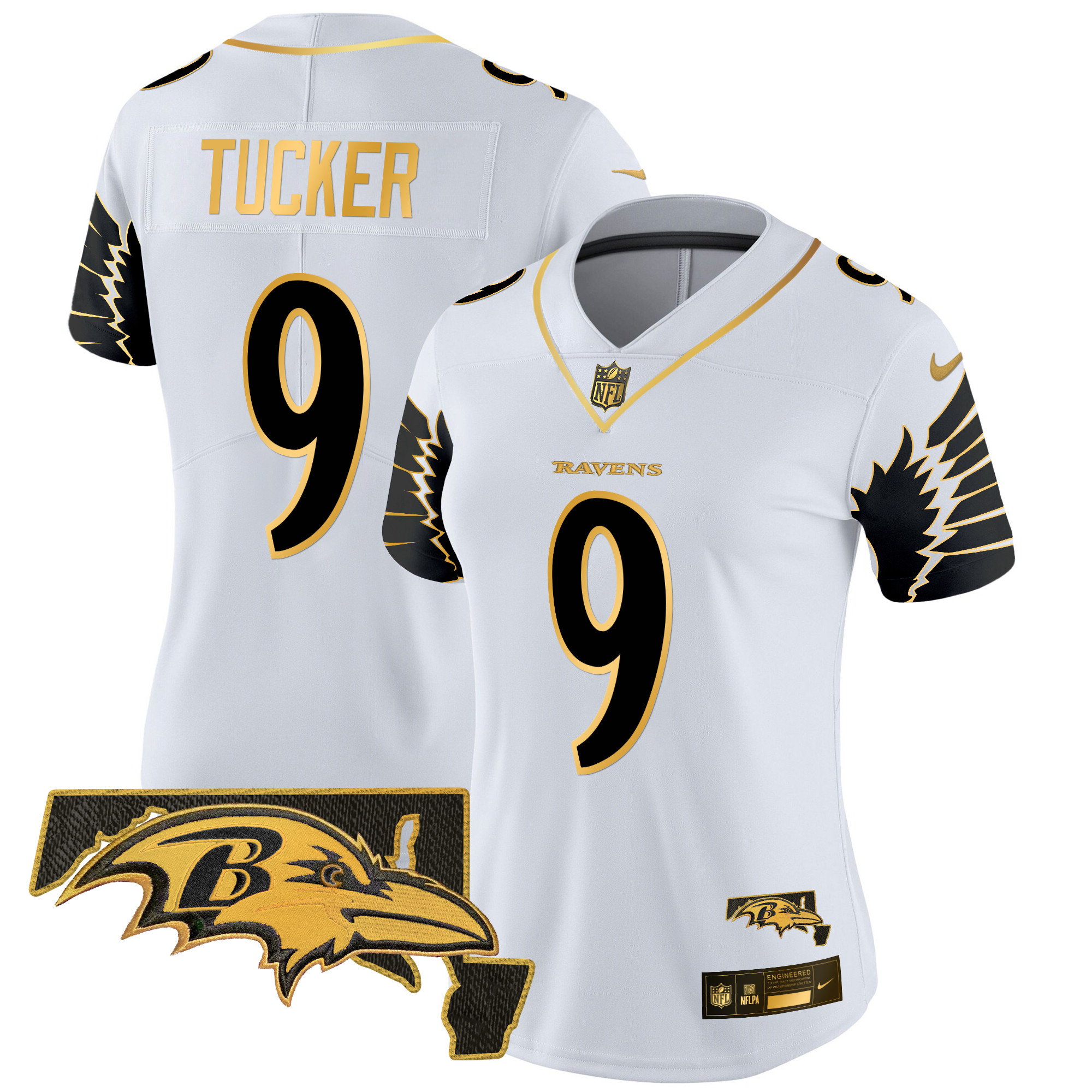 Women's Justin Tucker Baltimore Ravens Maryland Patch Gold Vapor Limited White Gold Jersey - All Stitched