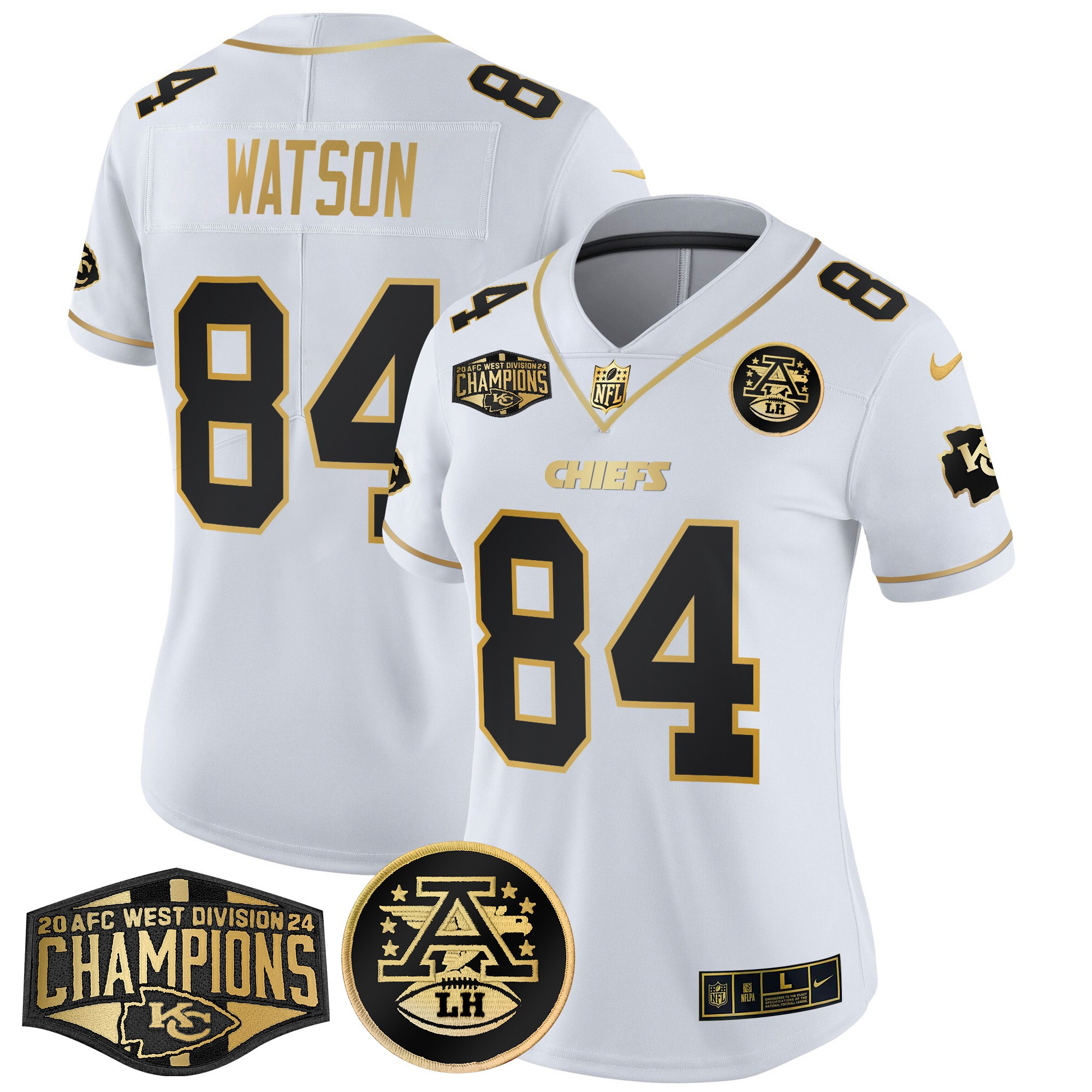 Women's Justin Watson Kansas City Chiefs 2024 AFC West Division Champions Patch Gold Vapor Limited White Gold Jersey - All Stitched