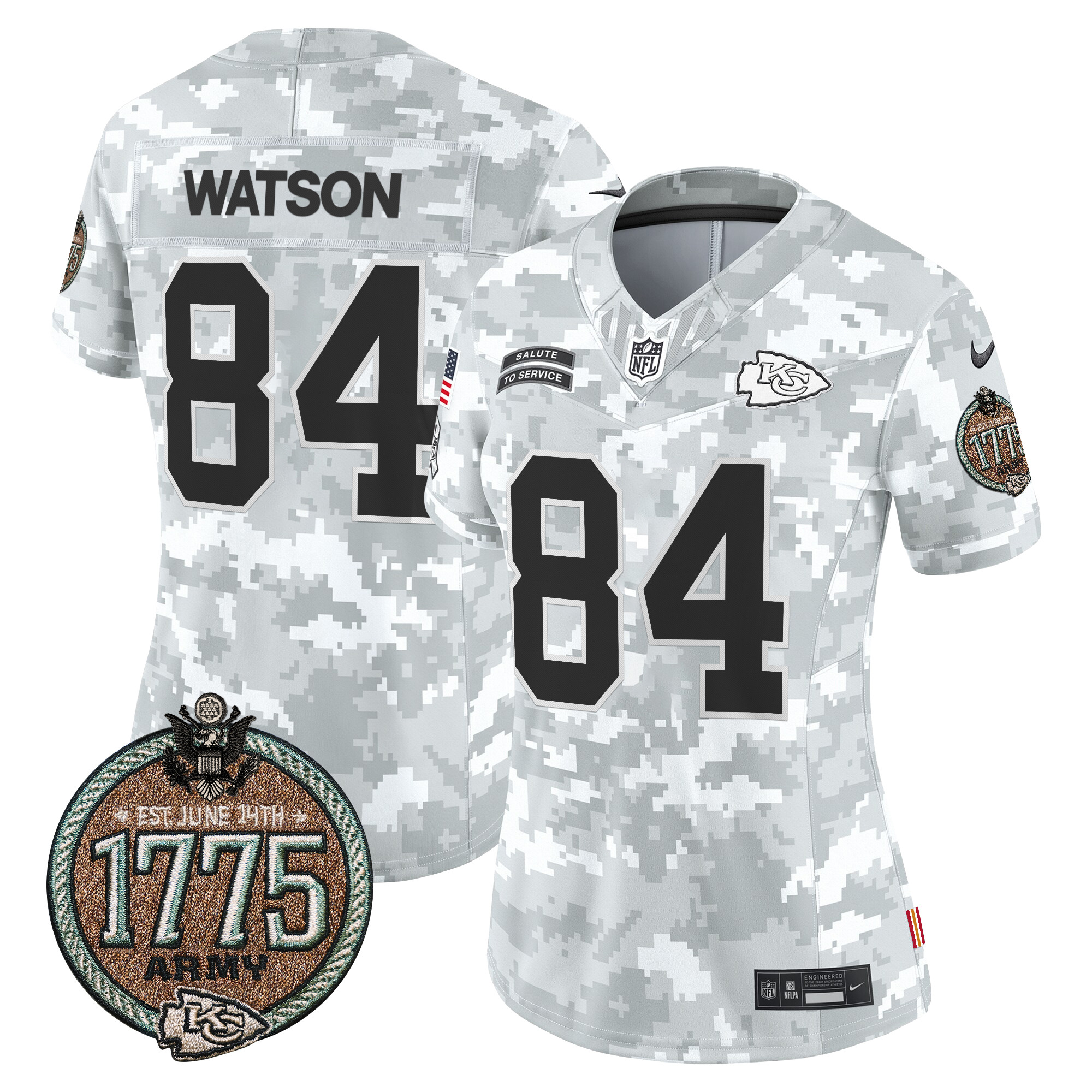 Women's Justin Watson Kansas City Chiefs 2024 Salute to Service Establishment Year Patch Vapor Limited Army Jersey - All Stitched
