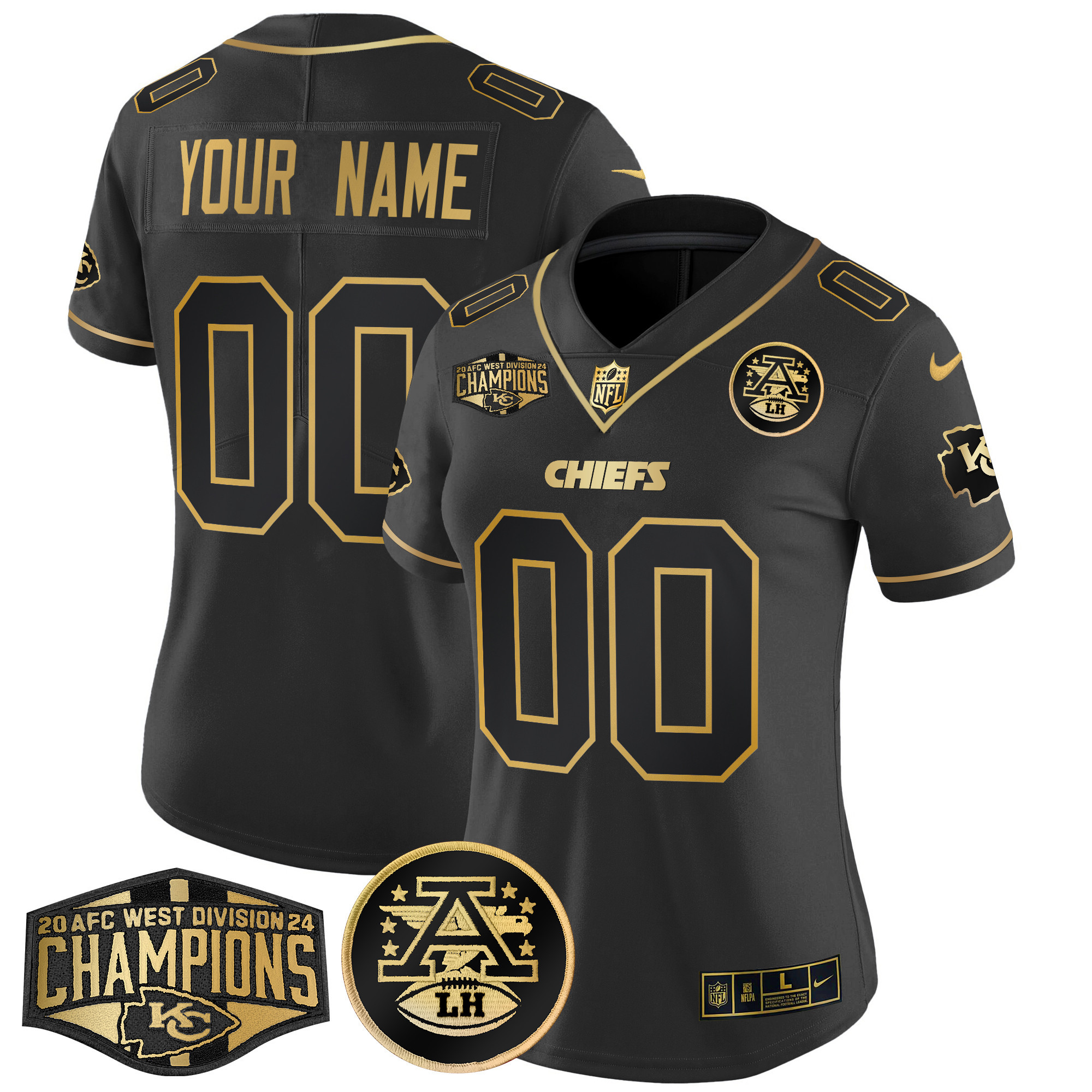 Women's Kansas City Chiefs 2024 AFC West Division Champions Patch Gold Vapor Limited Custom Black Gold Jersey - All Stitched