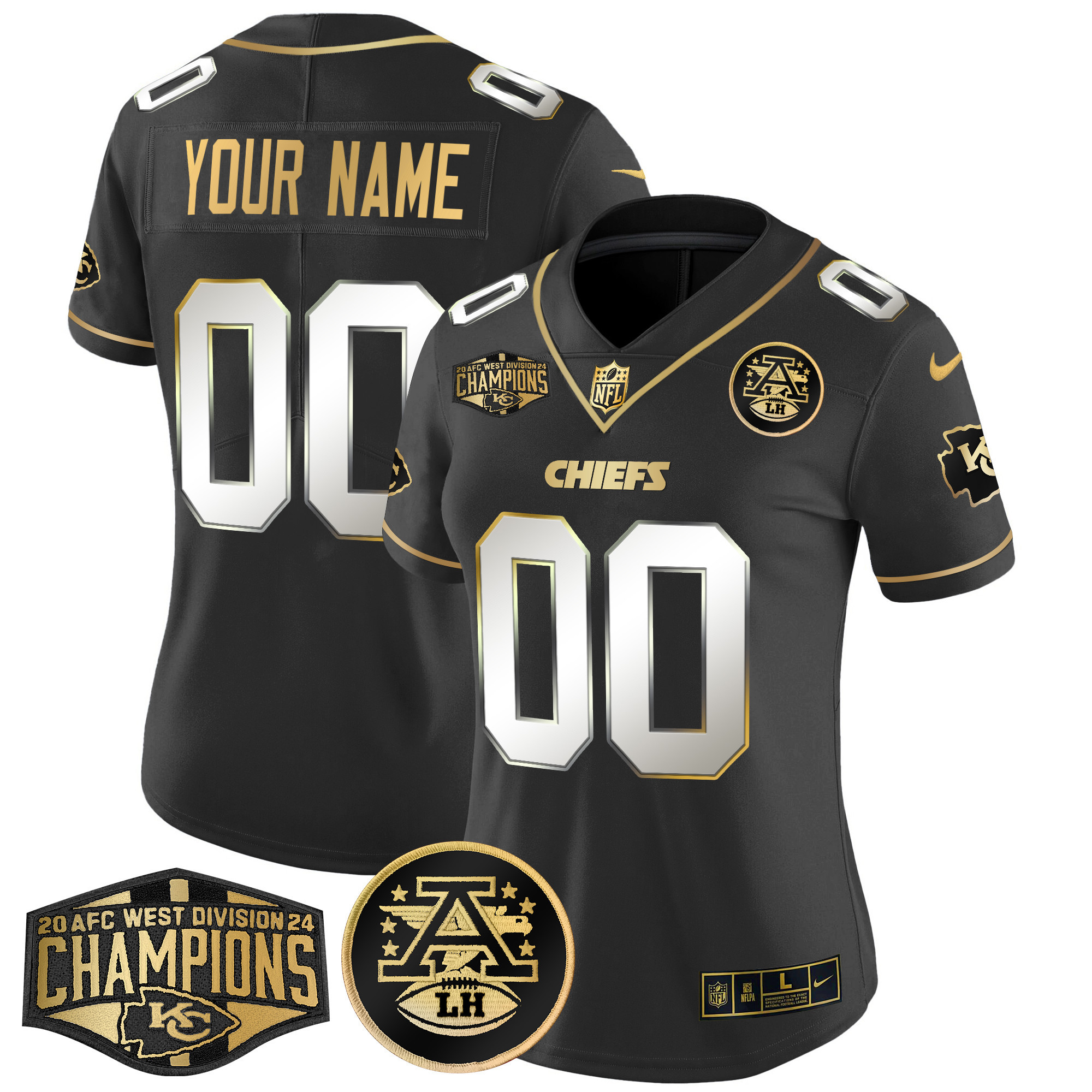 Women's Kansas City Chiefs 2024 AFC West Division Champions Patch Gold Vapor Limited Custom Black Limited Jersey - All Stitched