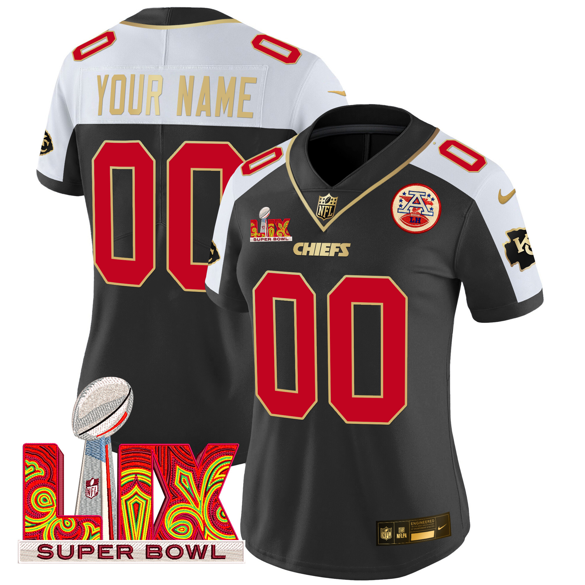 Women's Kansas City Chiefs Super Bowl LIX Patch Gold Trim Vapor Limited Custom Black Alternate Jersey - All Stitched