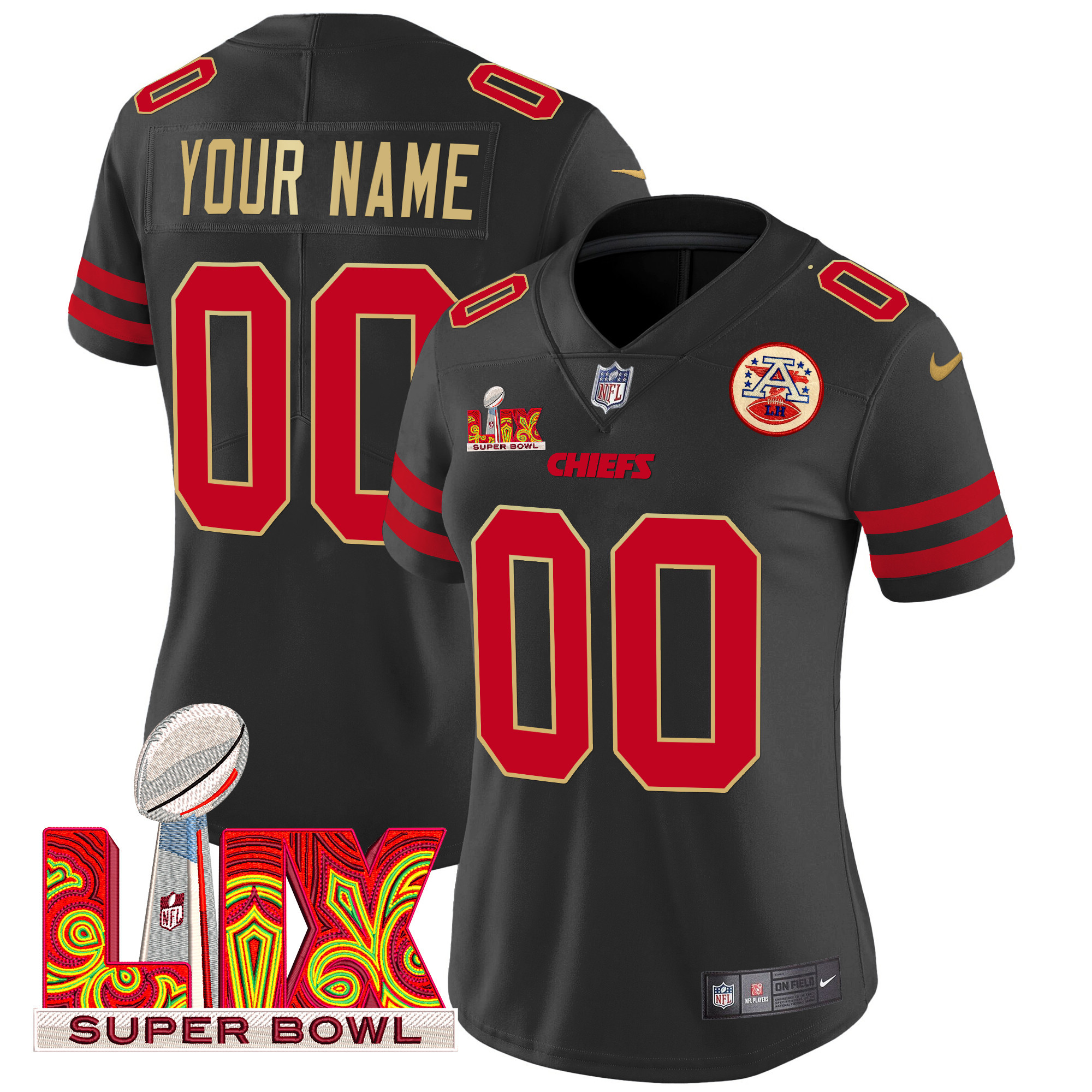 Women's Kansas City Chiefs Super Bowl LIX Patch Gold Trim Vapor Limited Custom Black Jersey - All Stitched