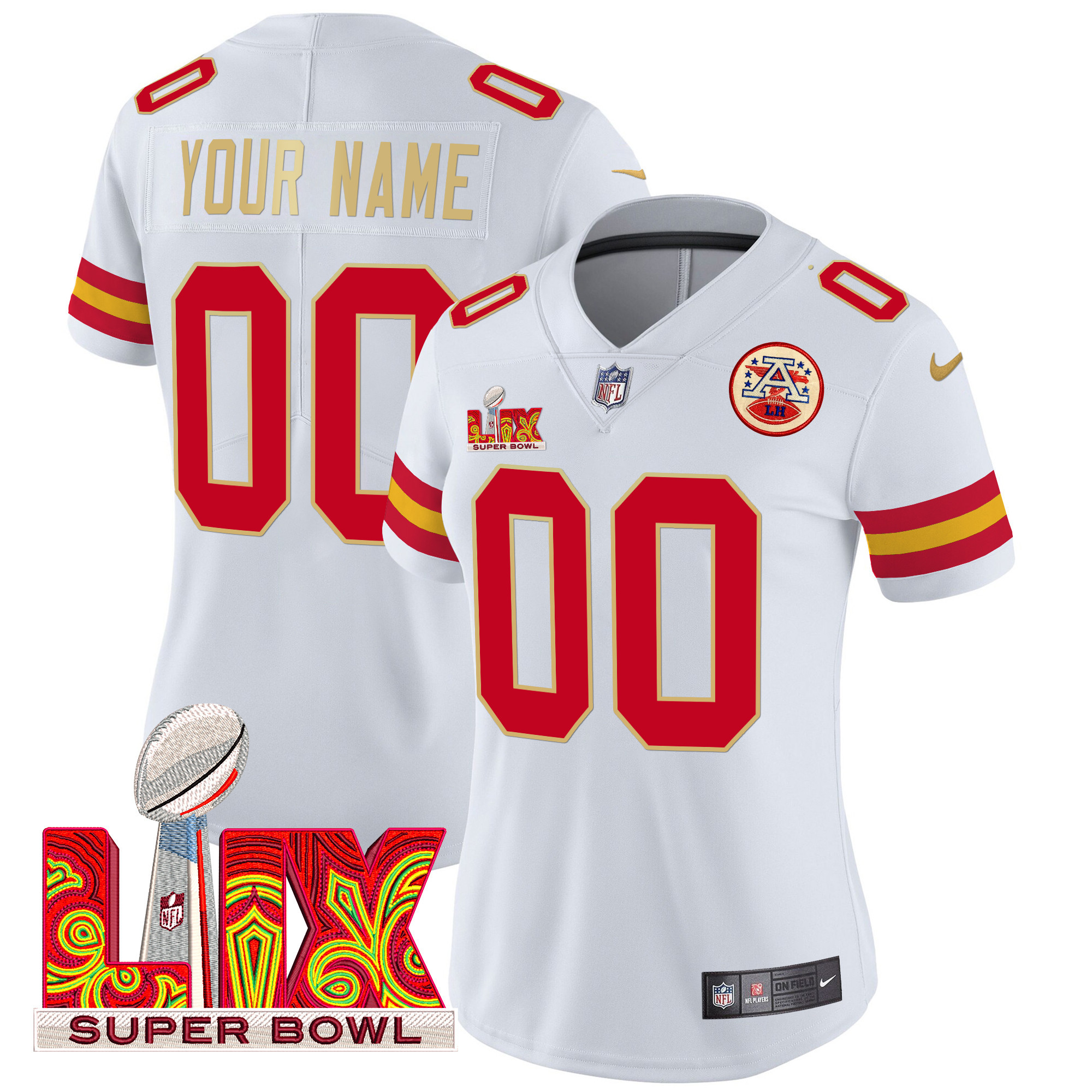 Women's Kansas City Chiefs Super Bowl LIX Patch Gold Trim Vapor Limited Custom White Jersey - All Stitched