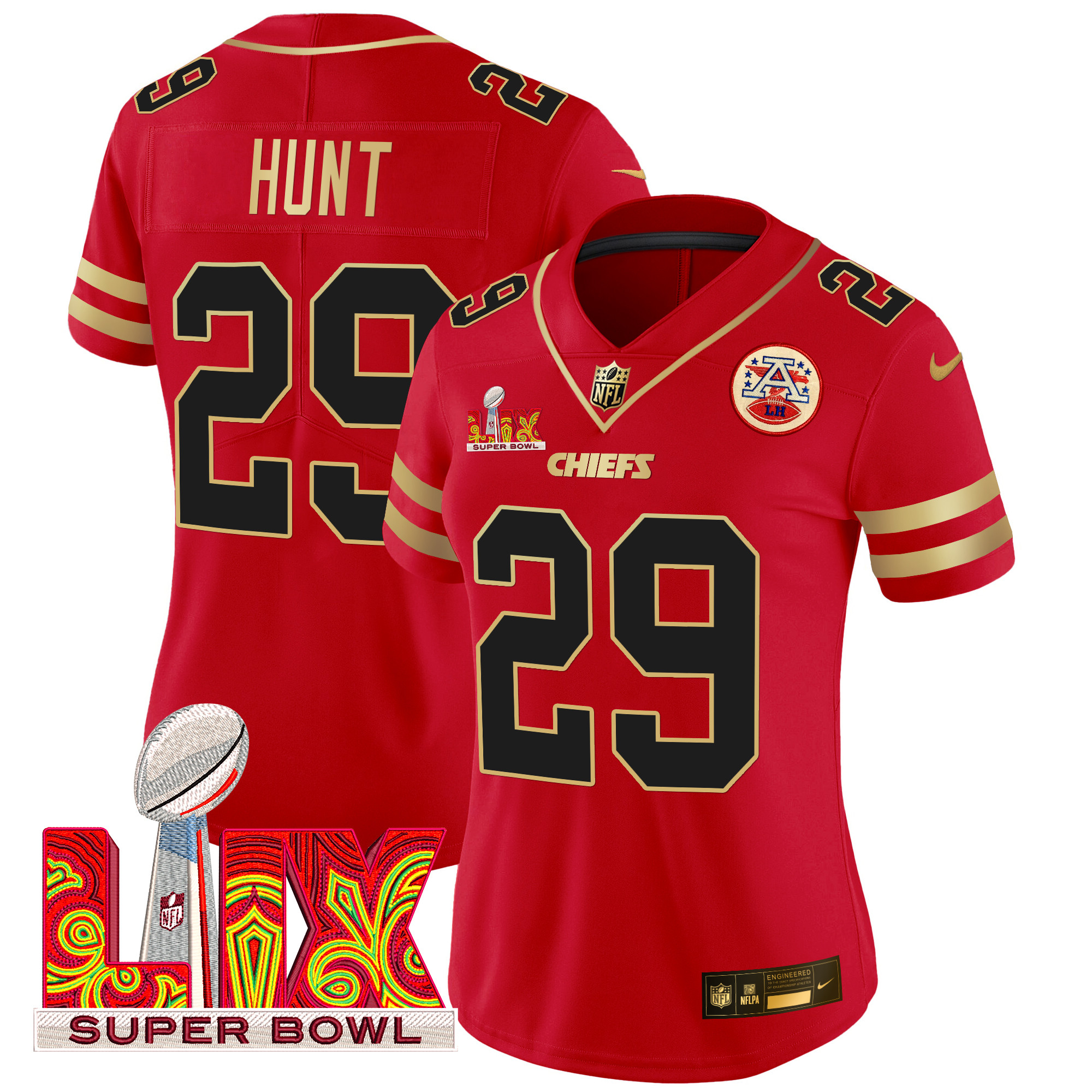 Women's Kareem Hunt Kansas City Chiefs Super Bowl LIX Patch Gold Trim Vapor Limited Red Jersey - All Stitched