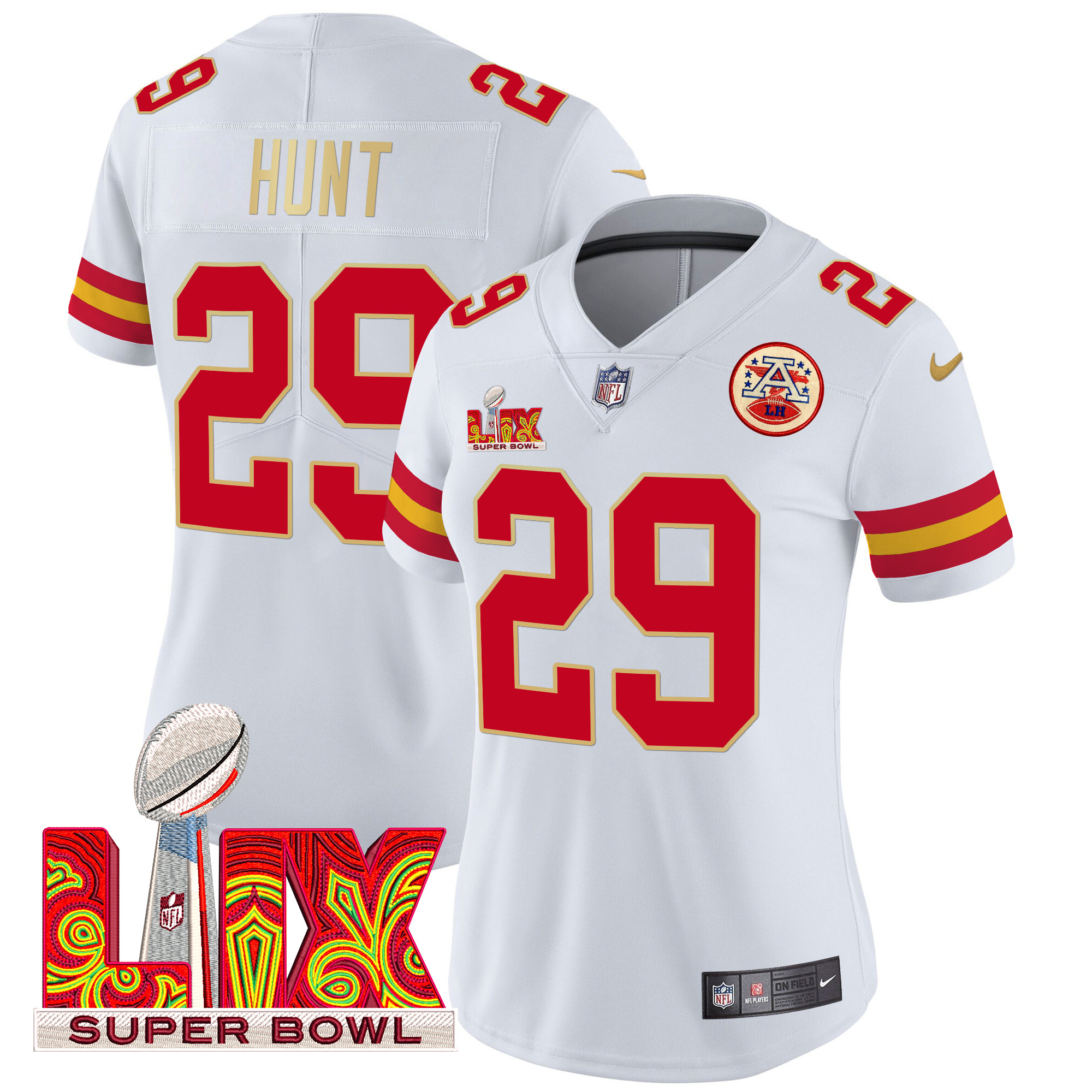 Women's Kareem Hunt Kansas City Chiefs Super Bowl LIX Patch Gold Trim Vapor Limited White Jersey - All Stitched