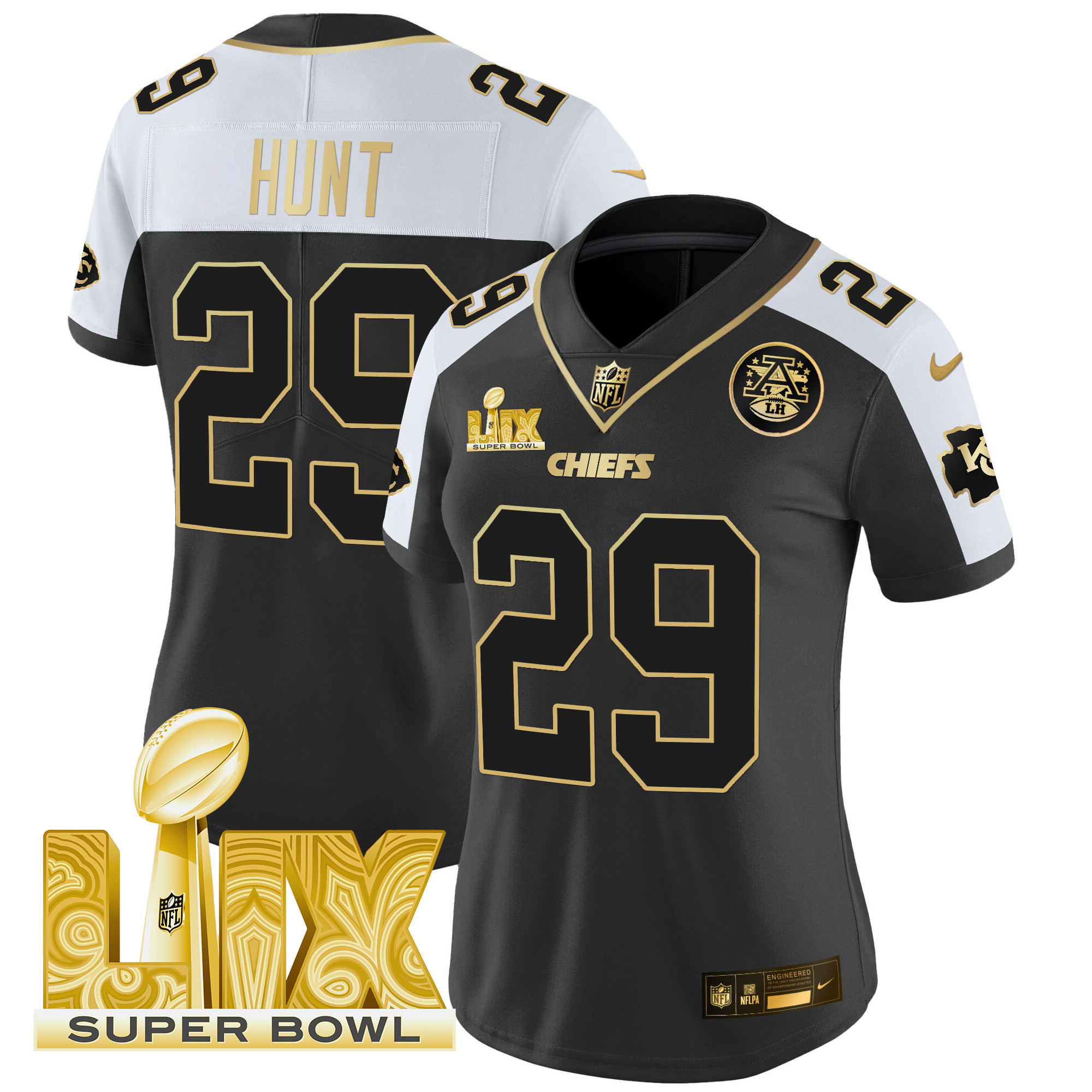 Women's Kareem Hunt Kansas City Chiefs Super Bowl LIX Patch Gold Vapor Limited Alternate Jersey - All Stitched