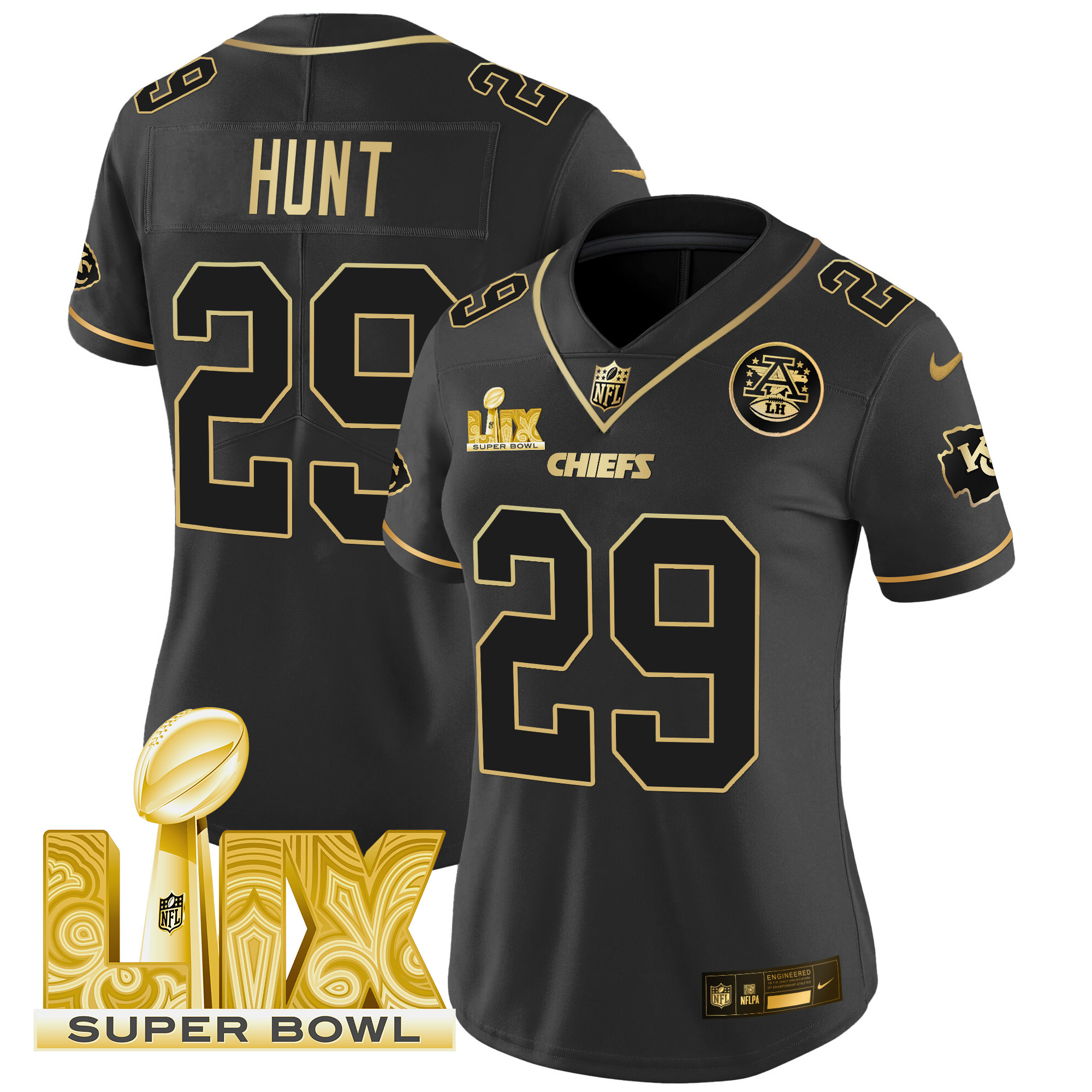Women's Kareem Hunt Kansas City Chiefs Super Bowl LIX Patch Gold Vapor Limited Black Gold Jersey - All Stitched