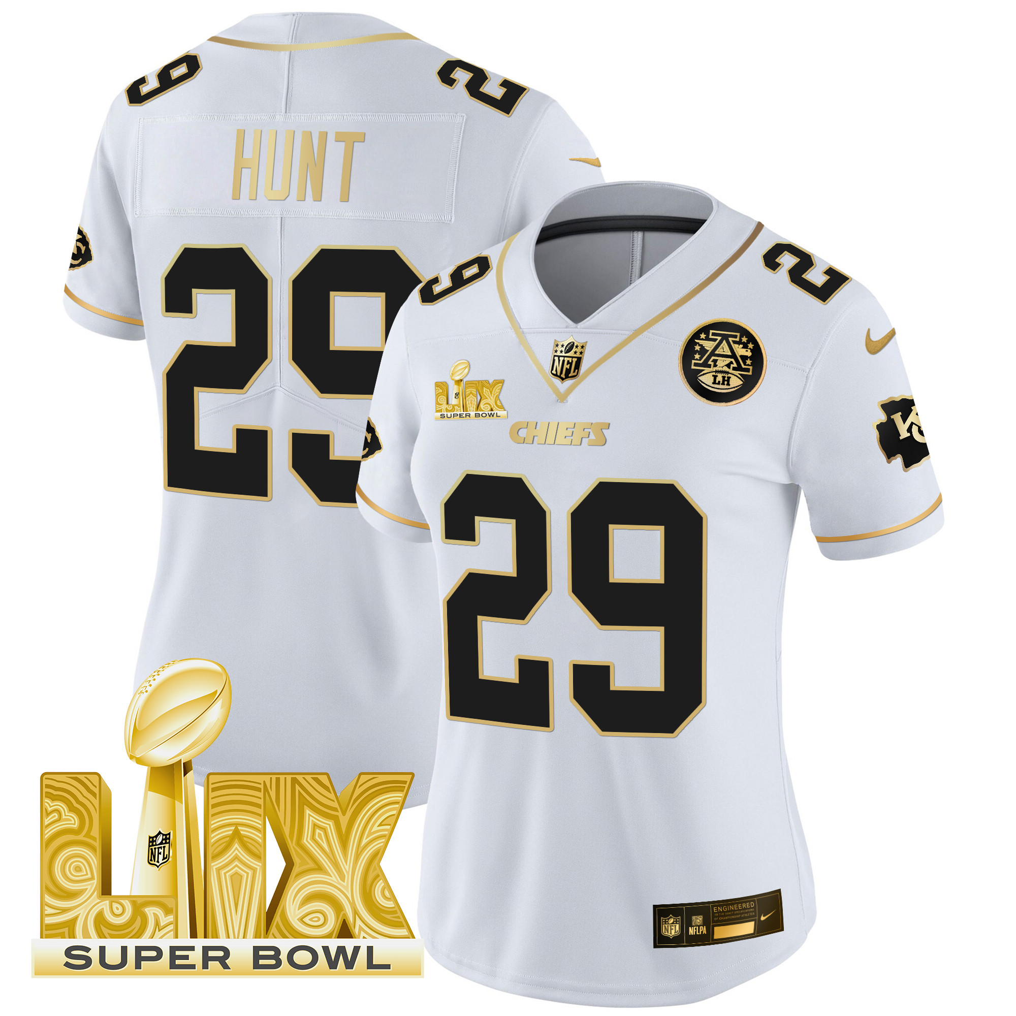 Women's Kareem Hunt Kansas City Chiefs Super Bowl LIX Patch Gold Vapor Limited White Gold Jersey - All Stitched