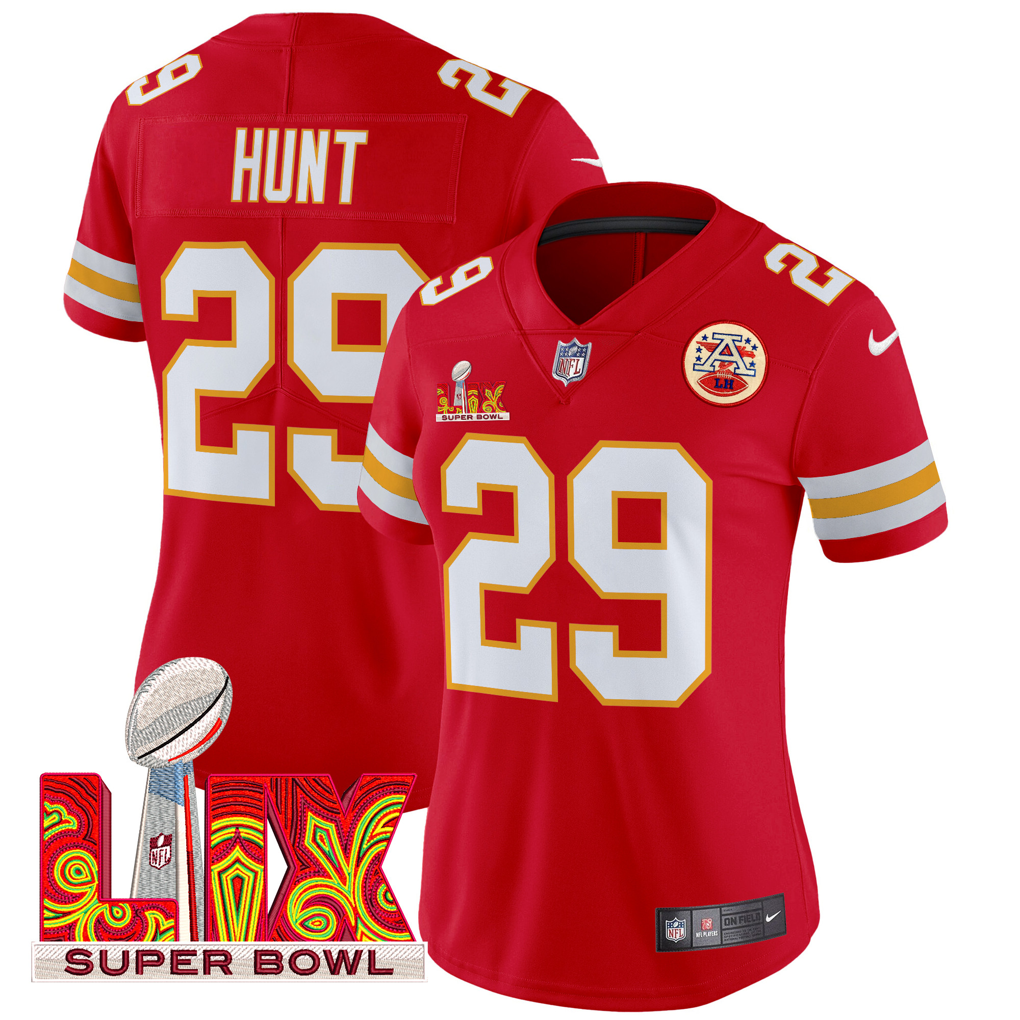 Women's Kareem Hunt Kansas City Chiefs Super Bowl LIX Patch Vapor Limited Red Jersey - All Stitched