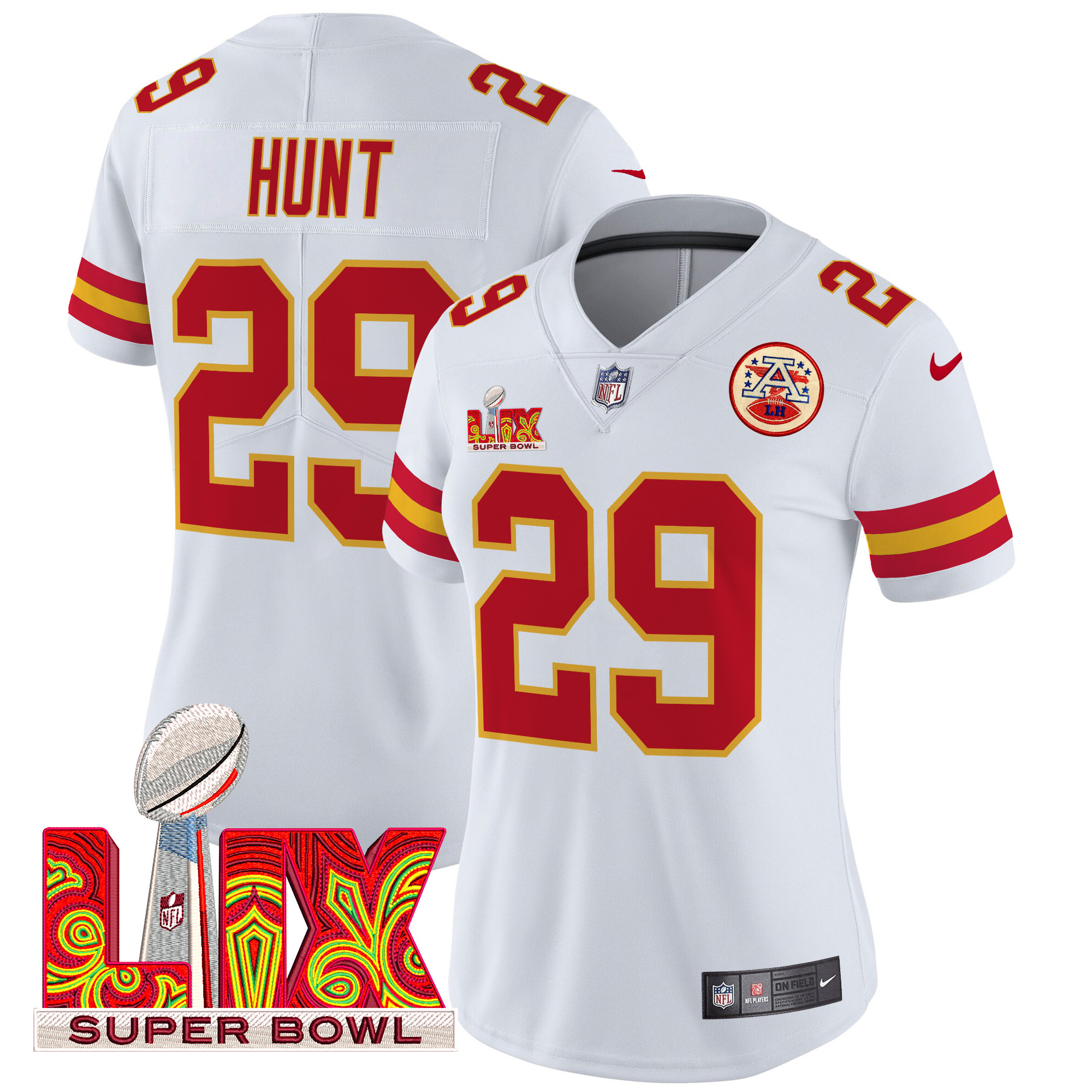 Women's Kareem Hunt Kansas City Chiefs Super Bowl LIX Patch Vapor Limited White Jersey - All Stitched
