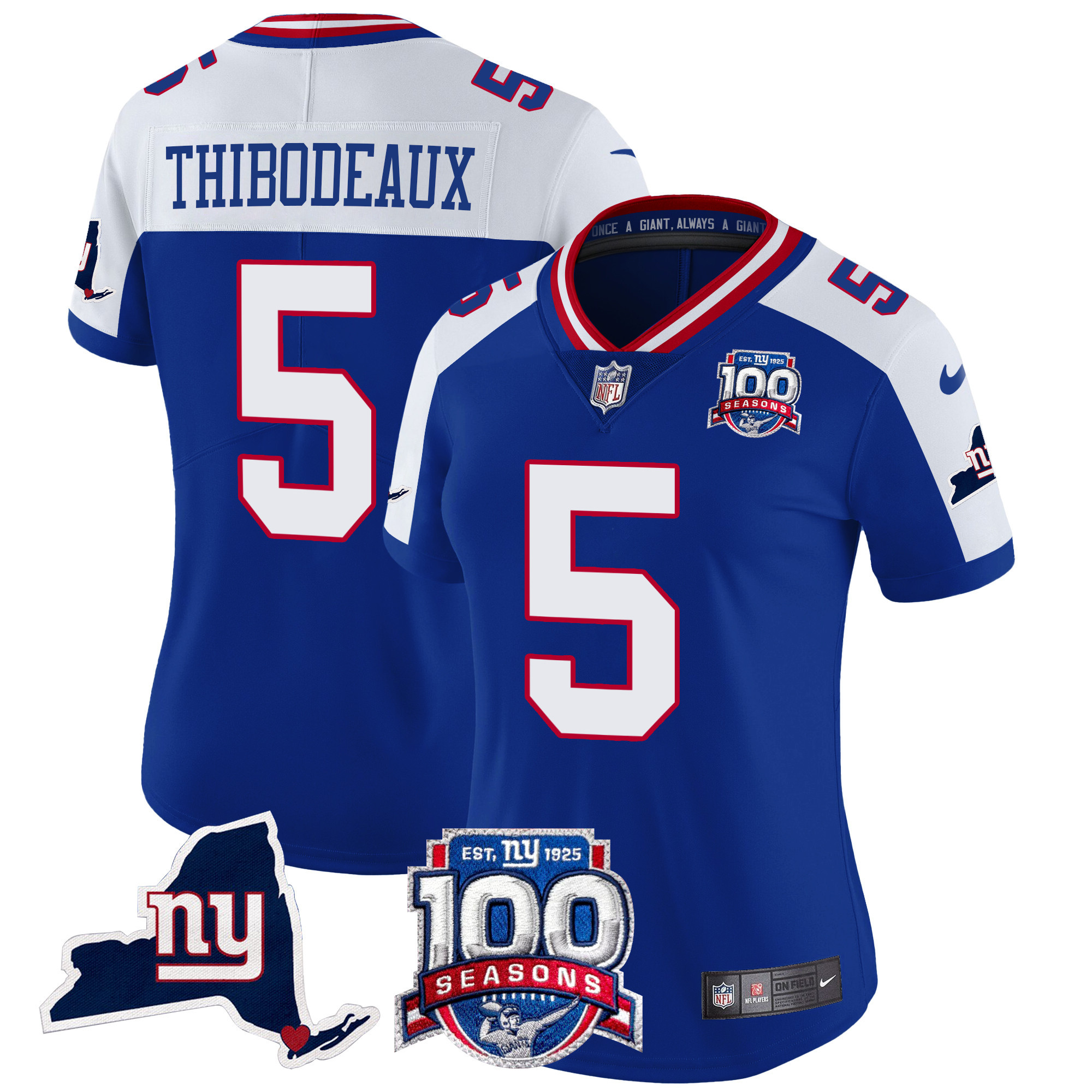 Women's Kayvon Thibodeaux New York Giants 100th Season & State Patch Vapor Limited Royal Alternate Jersey - All Stitched