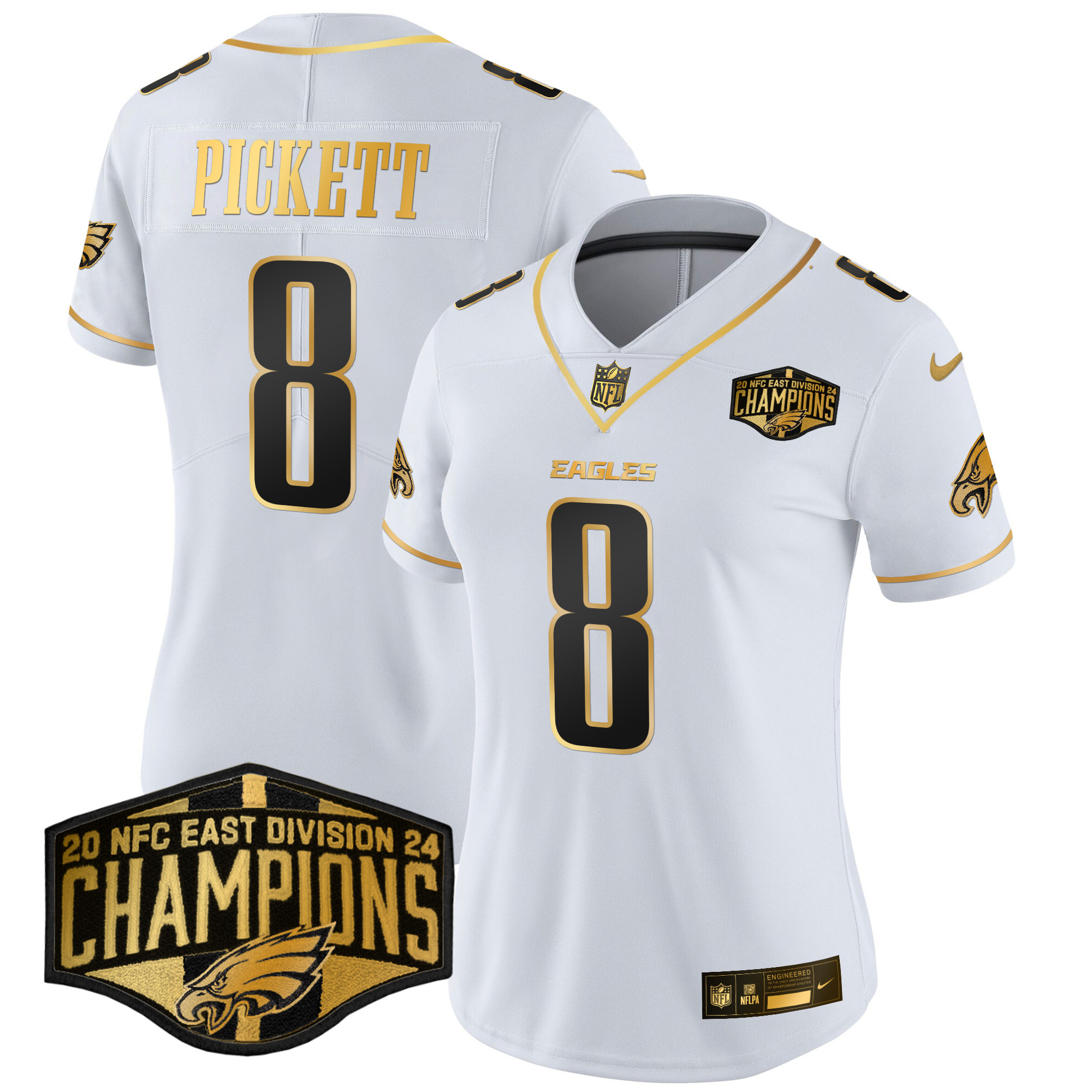 Women's Kenny Pickett Philadelphia Eagles 2024 NFC East Division Champions Gold Vapor Limited White Gold Jersey - All Stitched