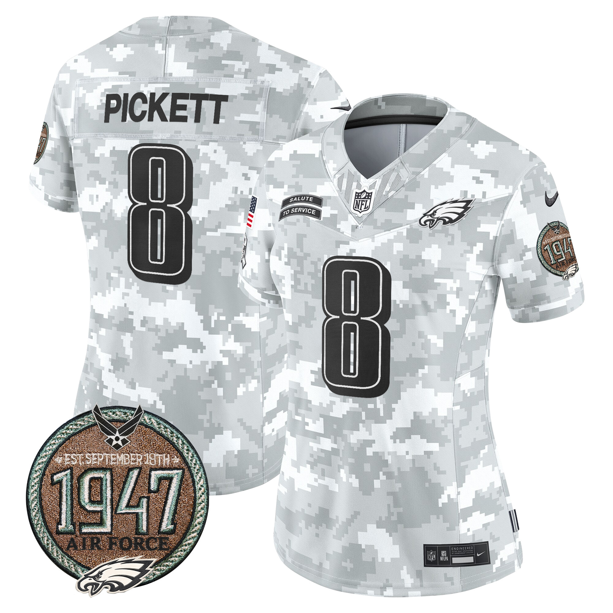Women's Kenny Pickett Philadelphia Eagles 2024 Salute to Service Establishment Year Patch Vapor Limited Air Force Jersey - All Stitched
