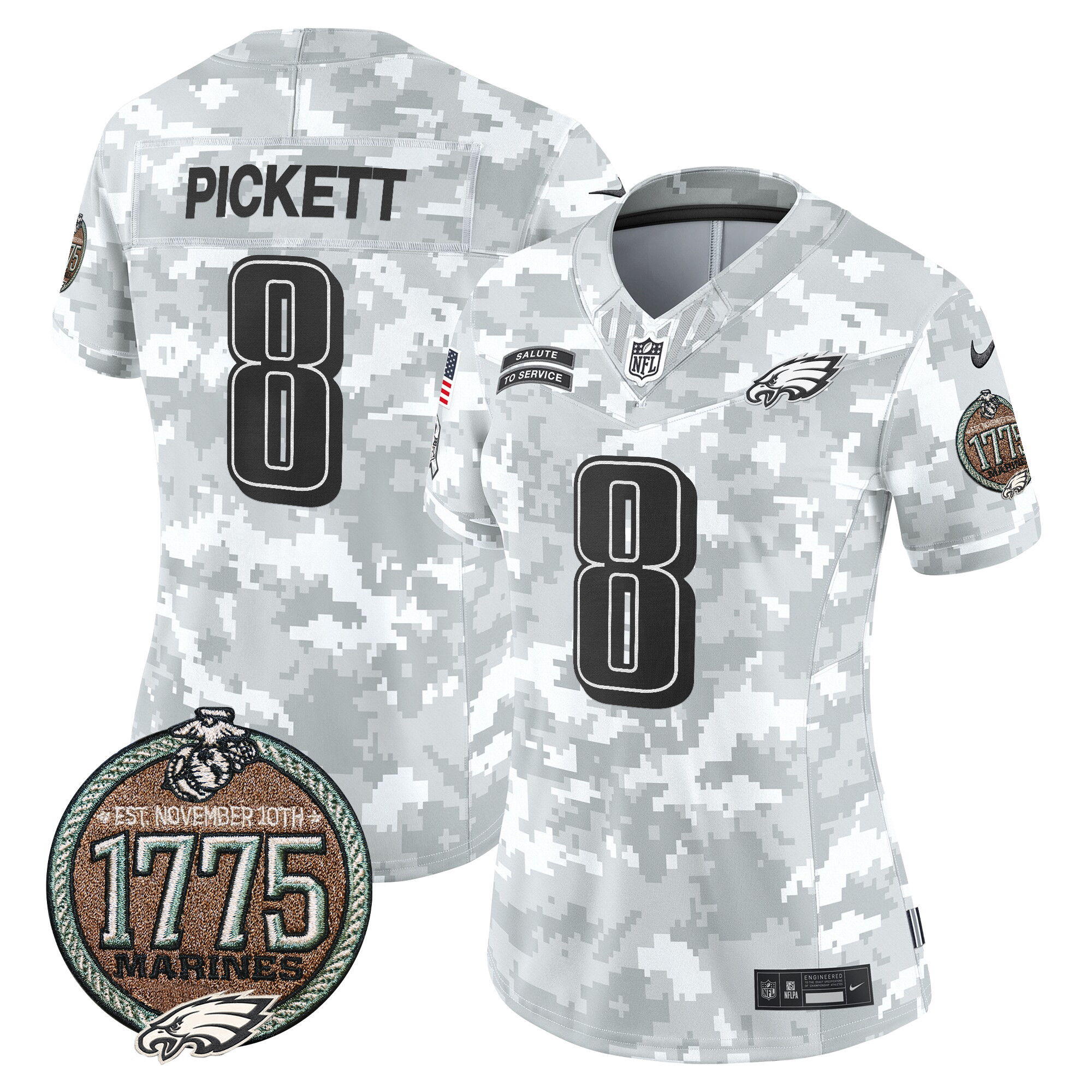 Women's Kenny Pickett Philadelphia Eagles 2024 Salute to Service Establishment Year Patch Vapor Limited Marines Jersey - All Stitched