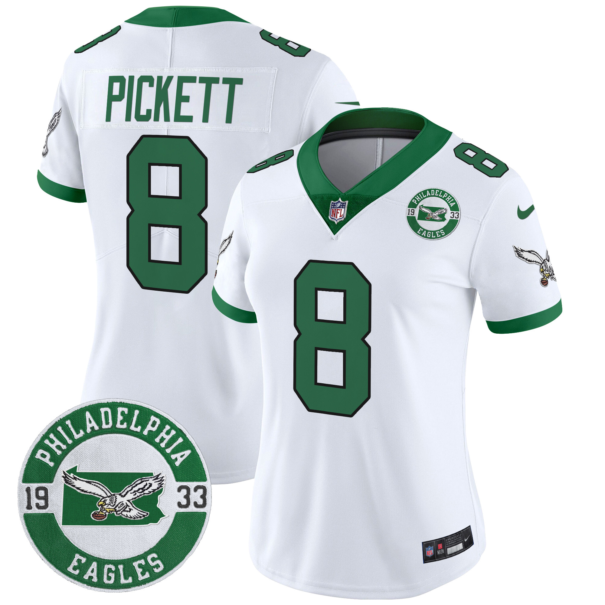 Women's Kenny Pickett Philadelphia Eagles 2024 Throwback Vapor Limited Kelly White Jersey - All Stitched