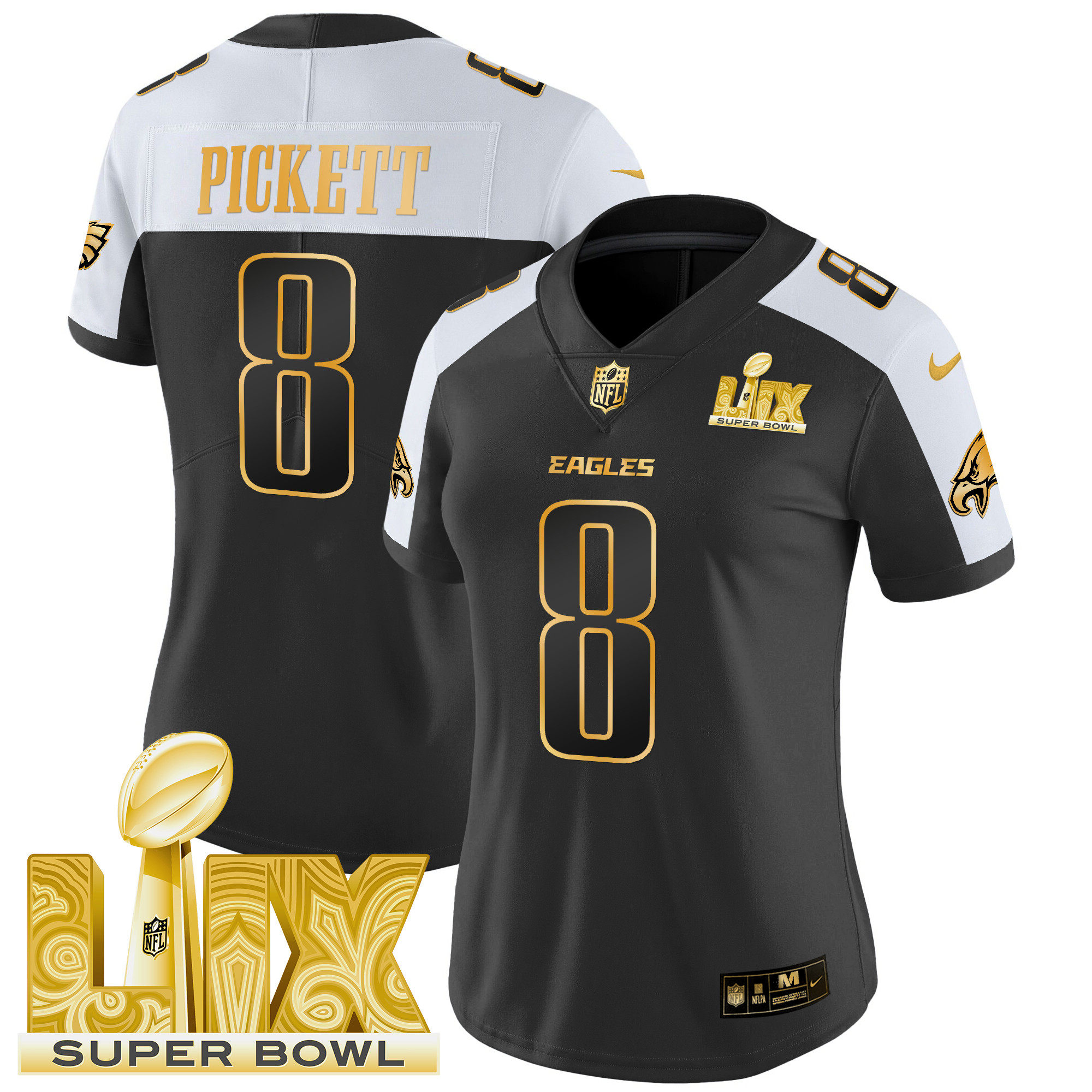 Women's Kenny Pickett Philadelphia Eagles Super Bowl LIX Patch Gold Vapor Limited Alternate Jersey - All Stitched