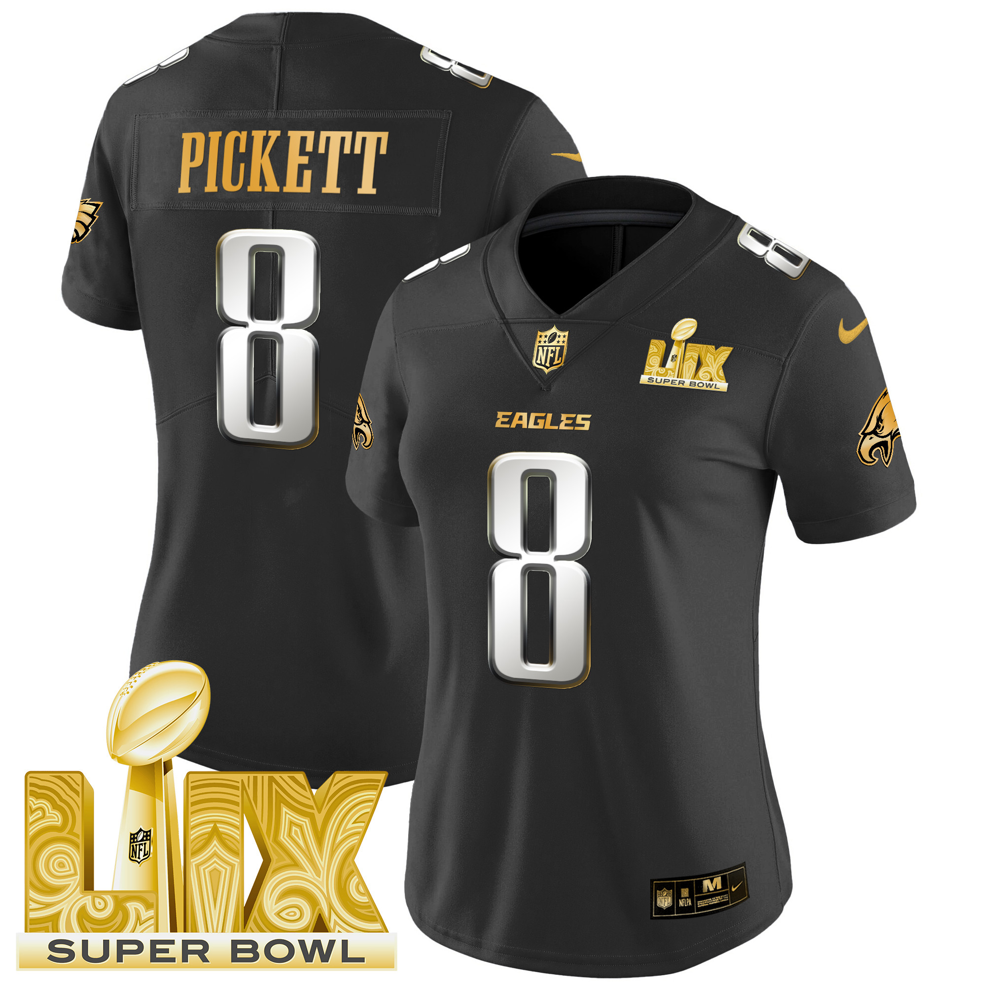 Women's Kenny Pickett Philadelphia Eagles Super Bowl LIX Patch Gold Vapor Limited Black Limited Jersey - All Stitched